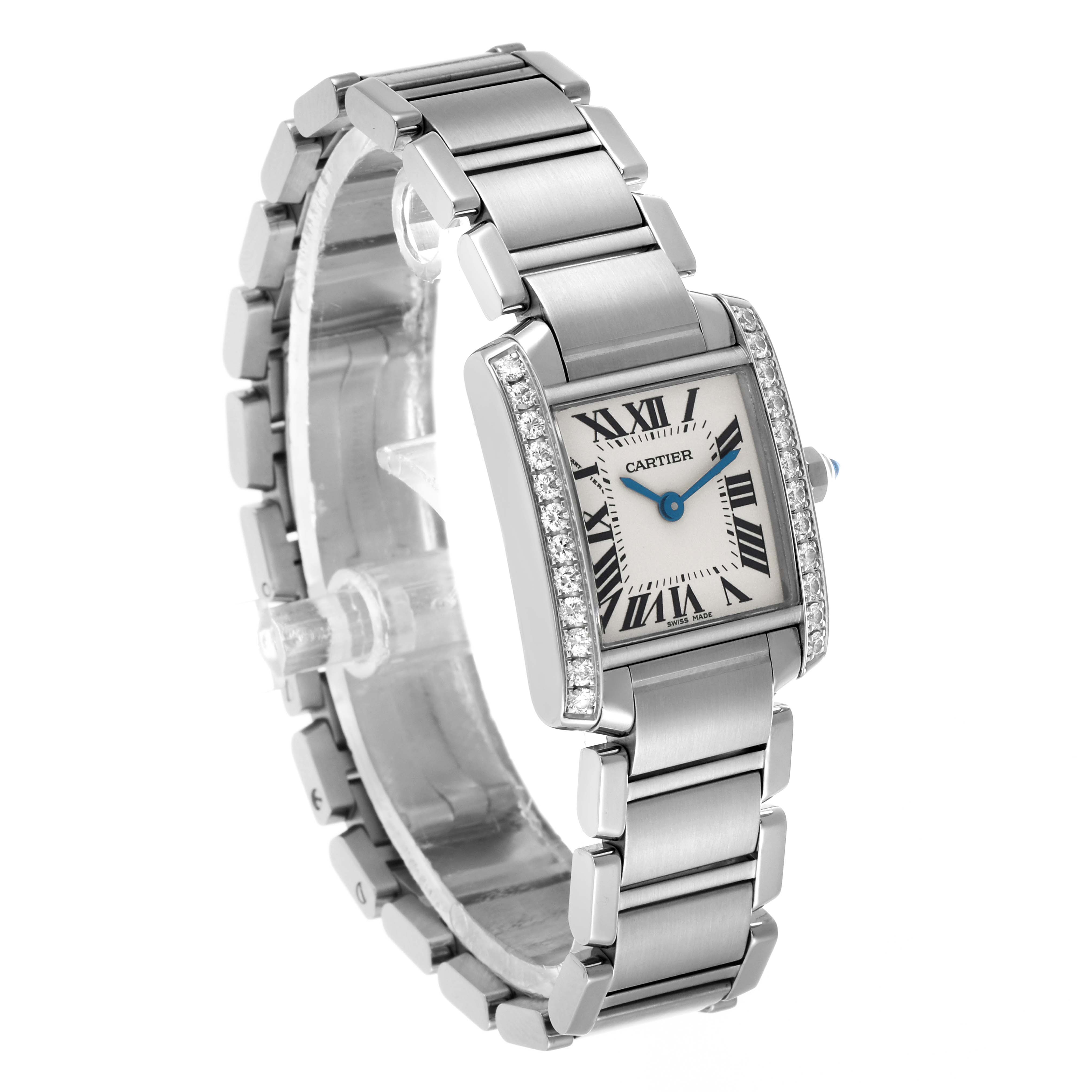 The Cartier Tank Française watch is shown at a three-quarter angle, highlighting its bracelet, bezel, and face with Roman numerals.