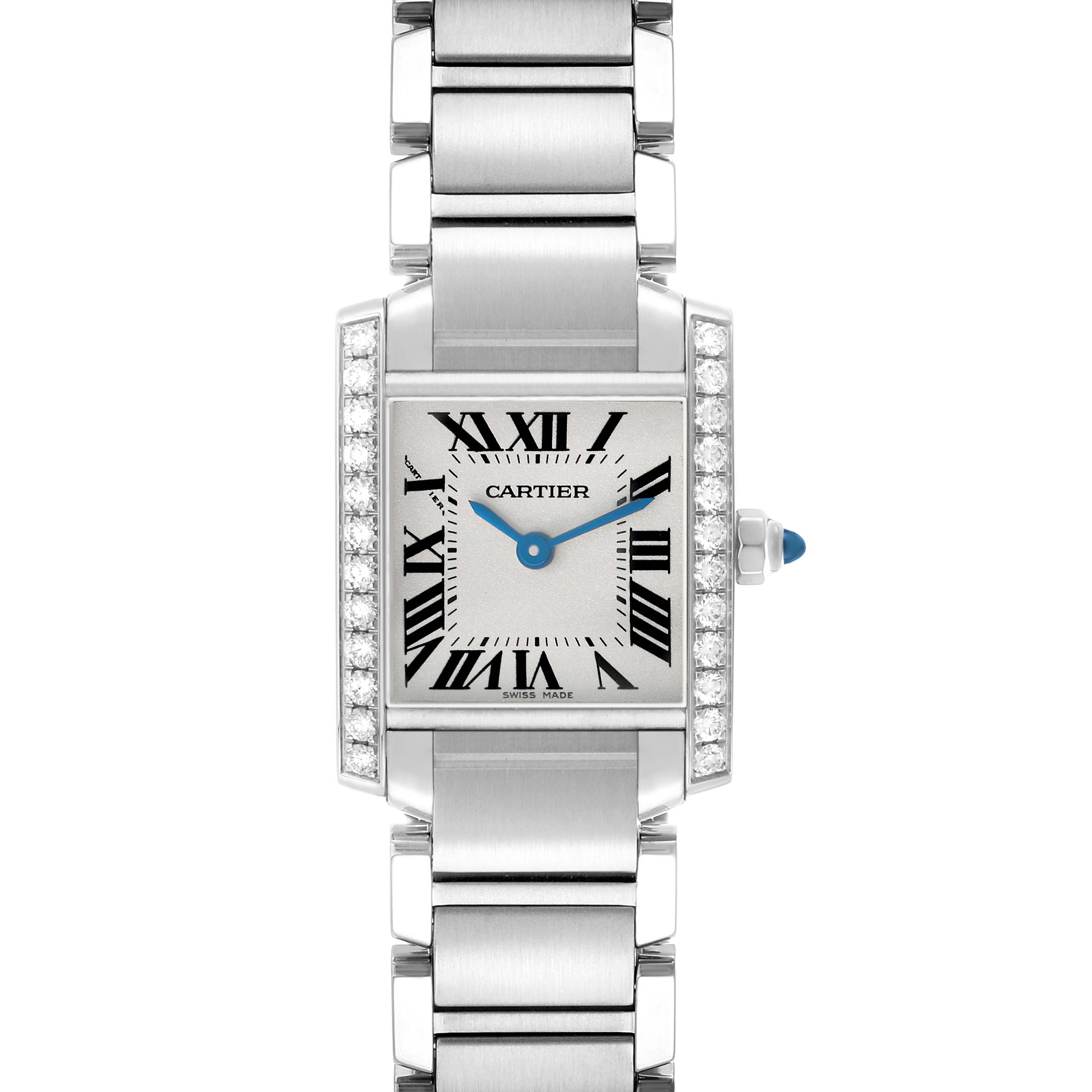 The Cartier Tank Francaise W4TA0008 Women's Stainless Steel Silver Dial watch is shown from the front, highlighting its silver bracelet, rectangular face, and blue hands.