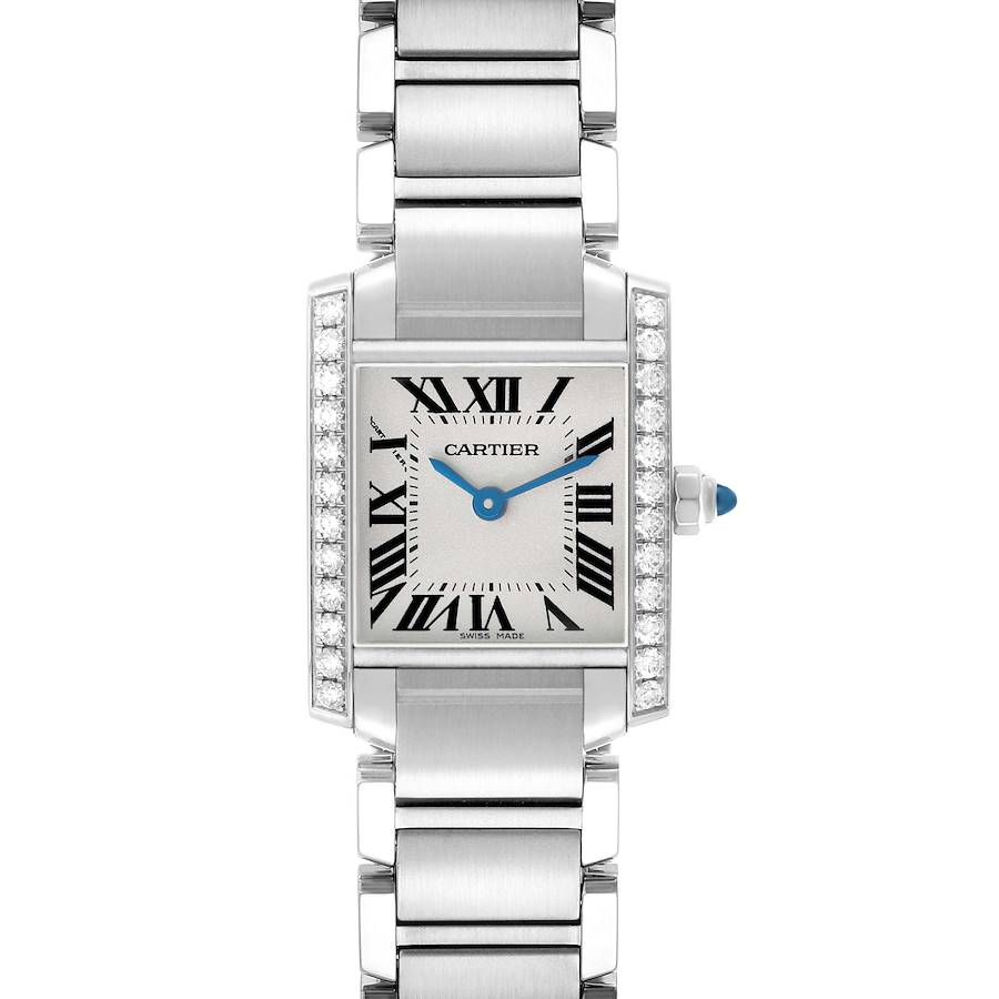 The Cartier Tank Francaise W4TA0008 Women's Stainless Steel Silver Dial watch is shown from the front, highlighting its silver bracelet, rectangular face, and blue hands.