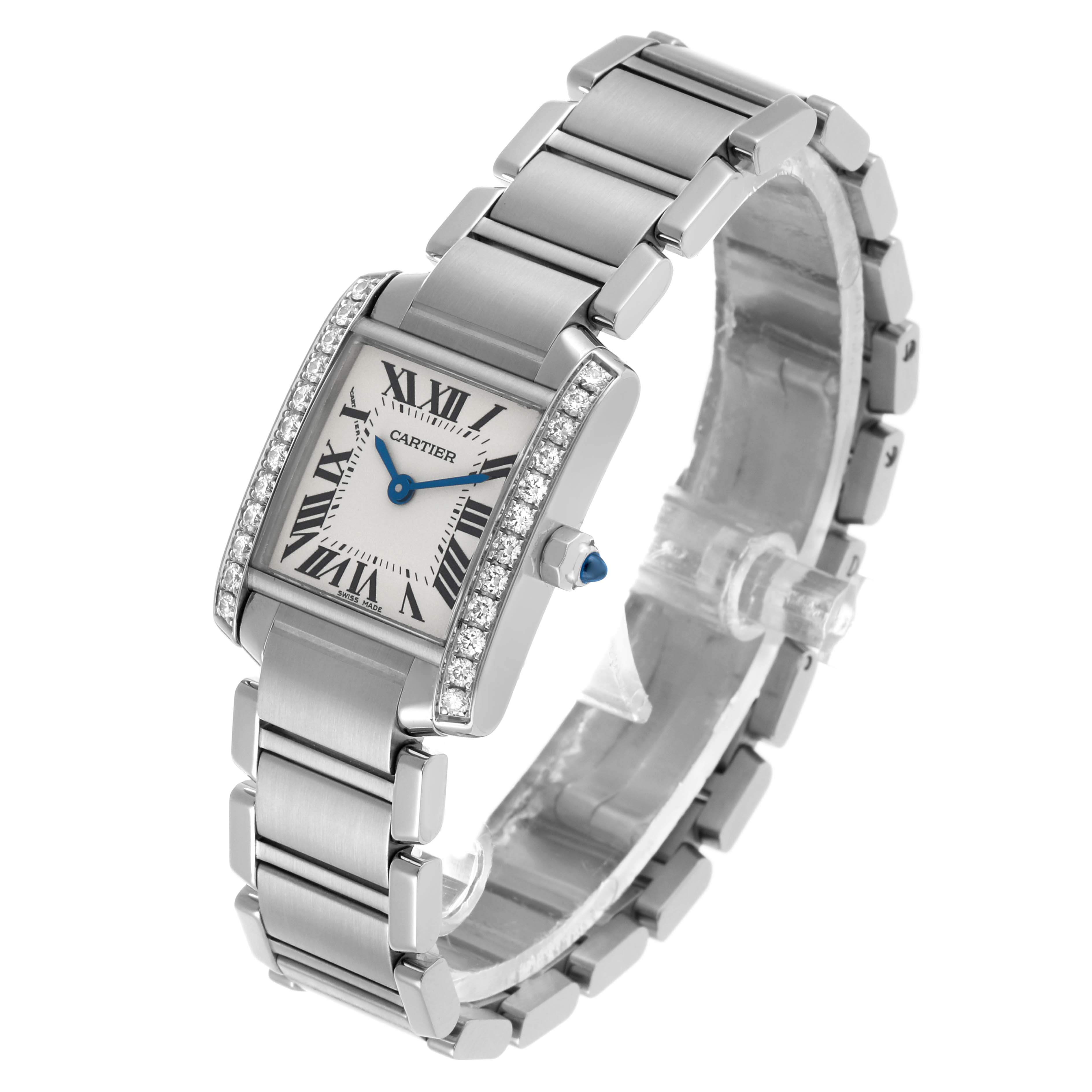 The Cartier Tank Française watch is shown at an angle highlighting the rectangular face, bracelet, and diamond accents on the bezel.