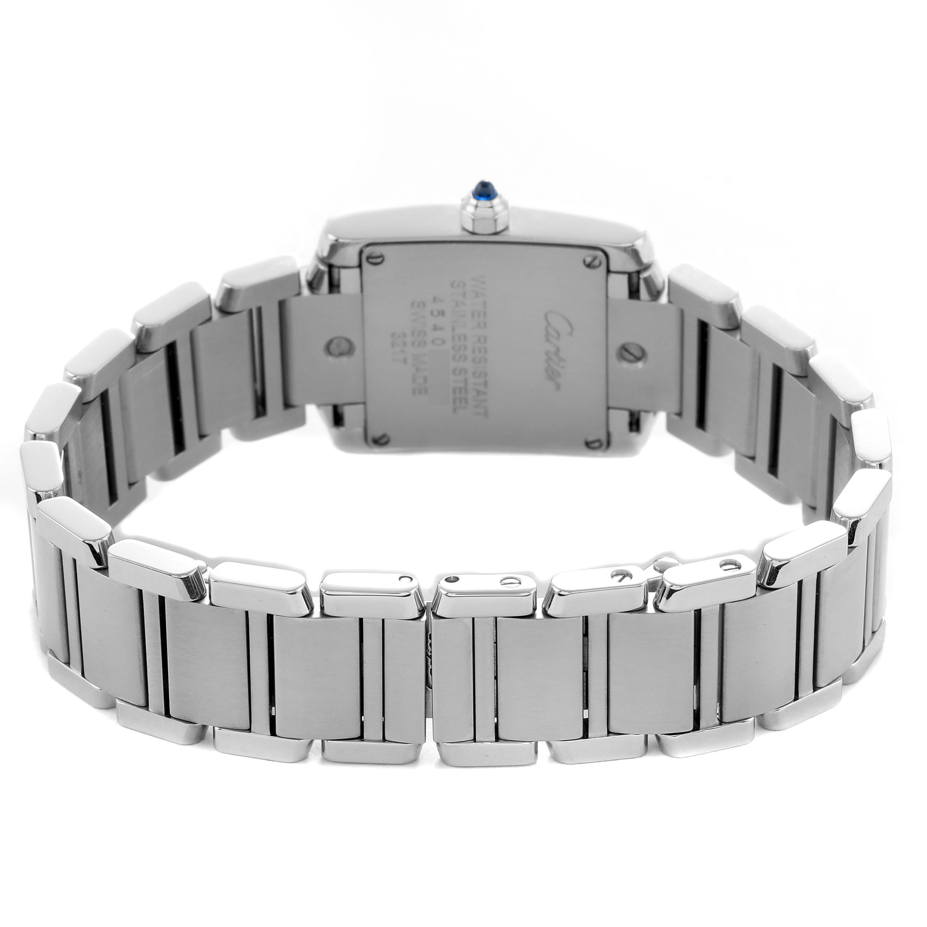 The image shows the back of the Cartier Tank Française watch, focusing on the bracelet and case back details.