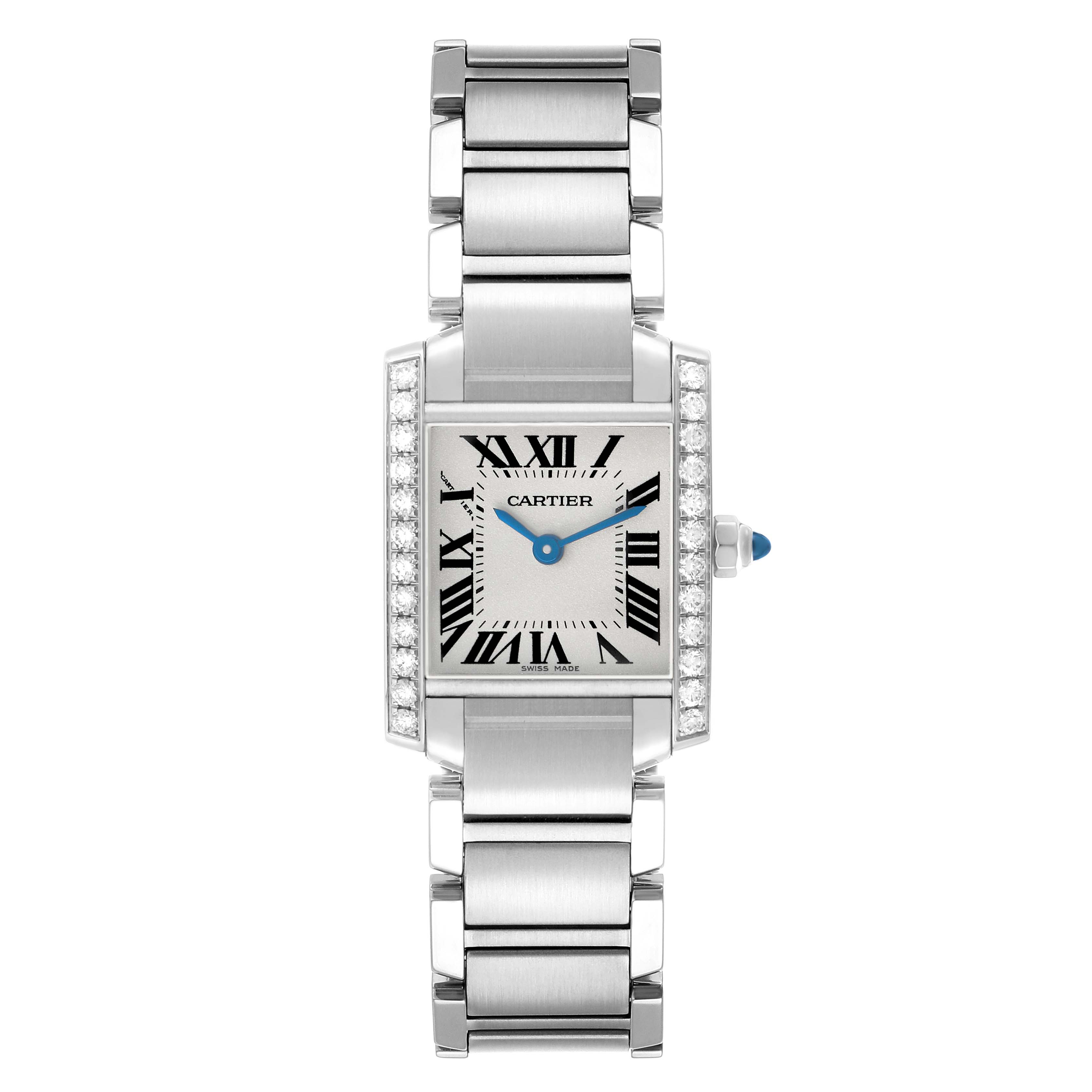 The Cartier Tank Francaise W4TA0008 Women's Stainless Steel Silver Dial watch is shown from a front angle, highlighting its face, bracelet, and diamond-studded case.