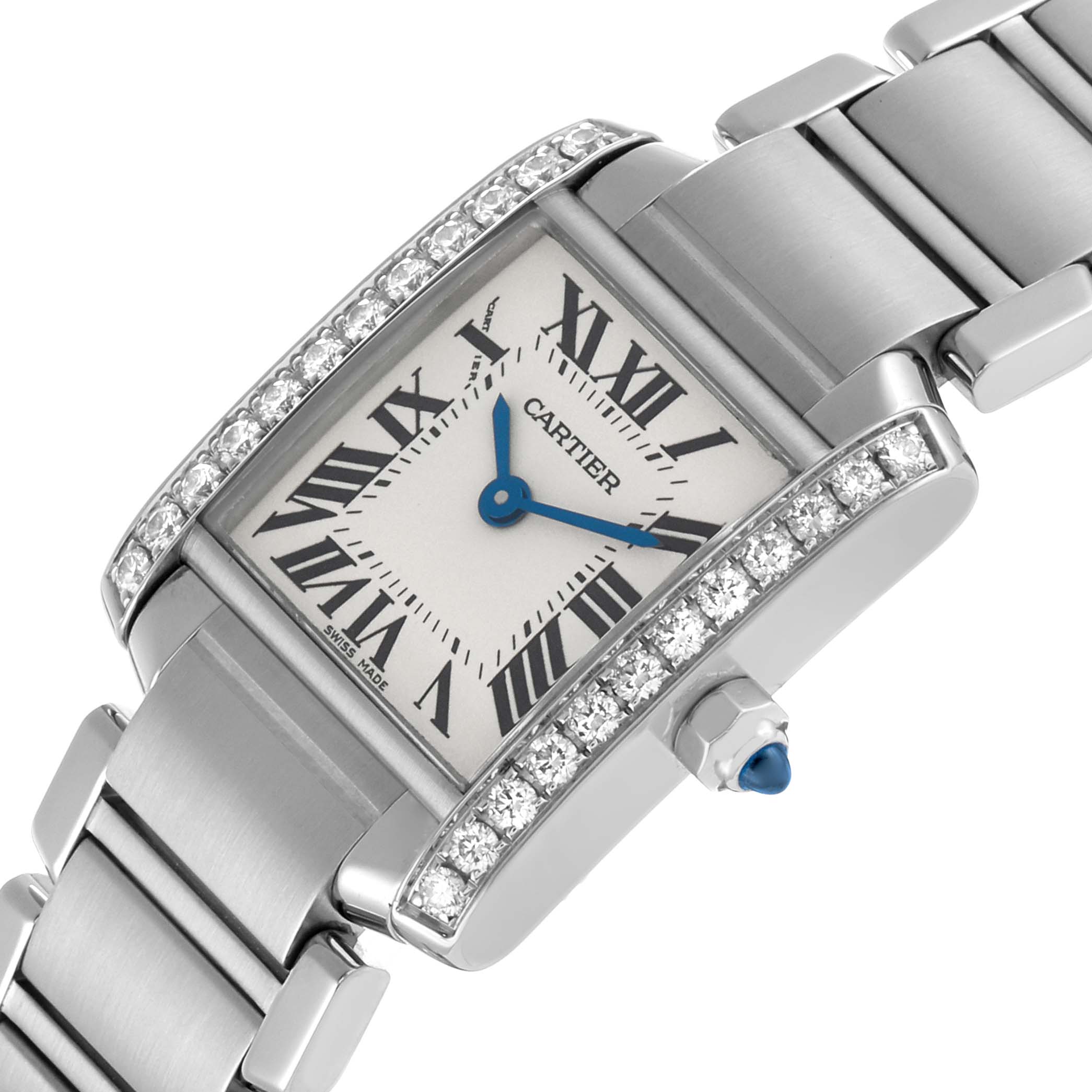 The Cartier Tank Française watch is shown at an angled close-up, highlighting the face, diamond-set bezel, and metal bracelet.