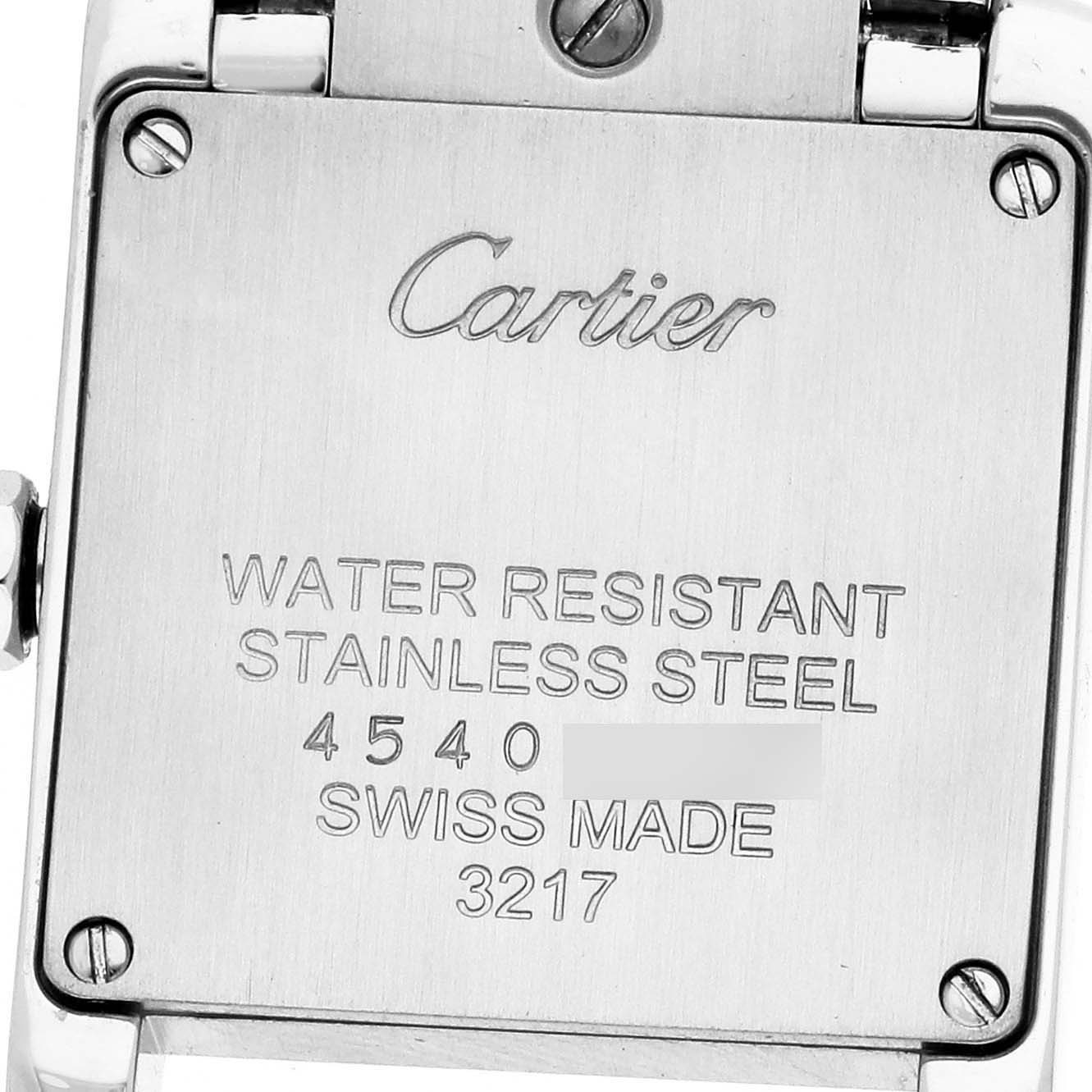 The image shows the back of a Cartier Tank Francaise W4TA0008 Women's Stainless Steel Silver Dial watch, highlighting its stainless steel case and branding.