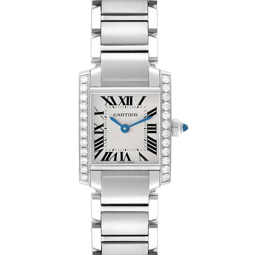 The Cartier Tank Francaise W4TA0008 Women's Stainless Steel Silver Dial watch is shown head-on, highlighting its face, Roman numerals, blue hands, diamond bezel, and bracelet.