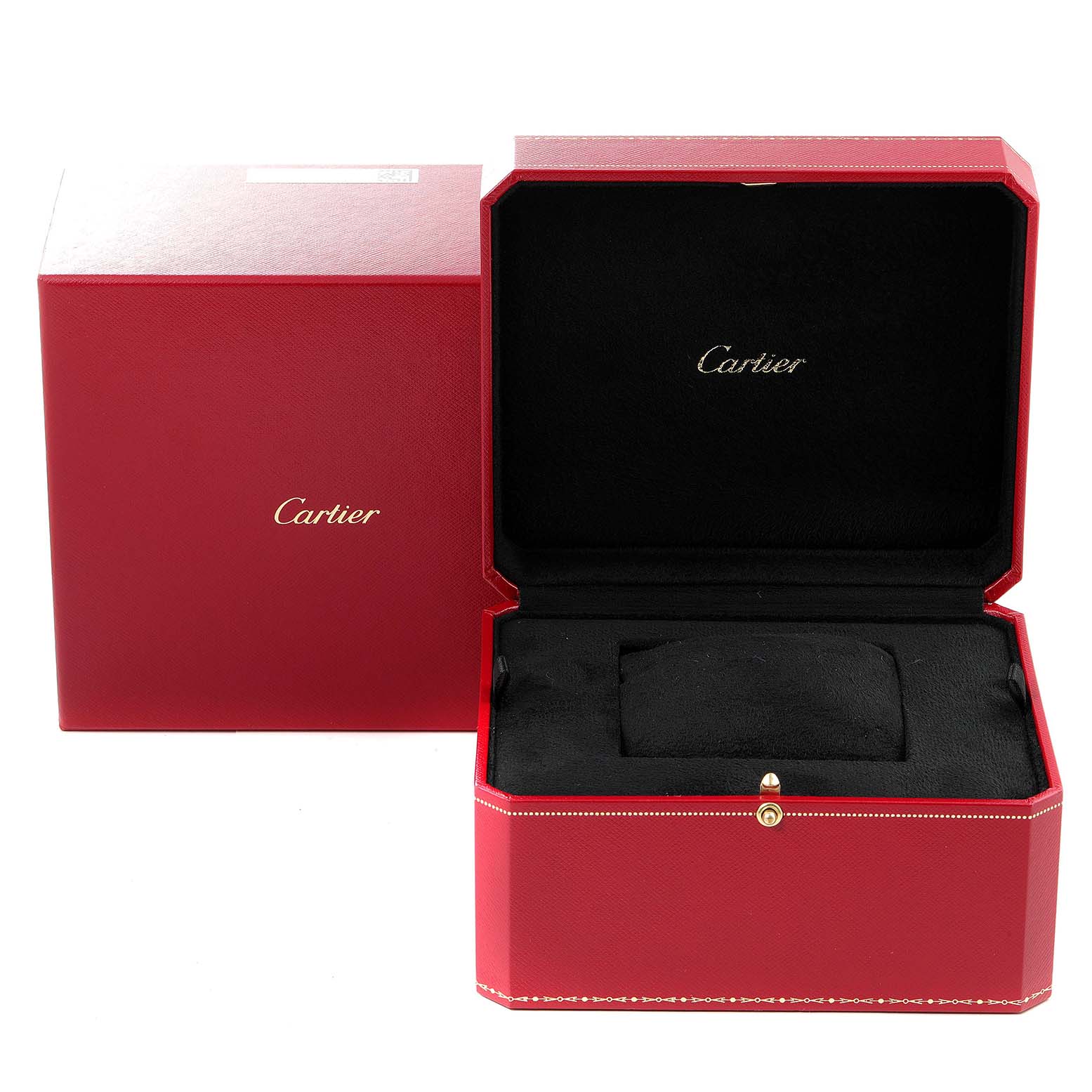 The image shows an empty red Cartier box, open, for the Tank Francaise model watch.