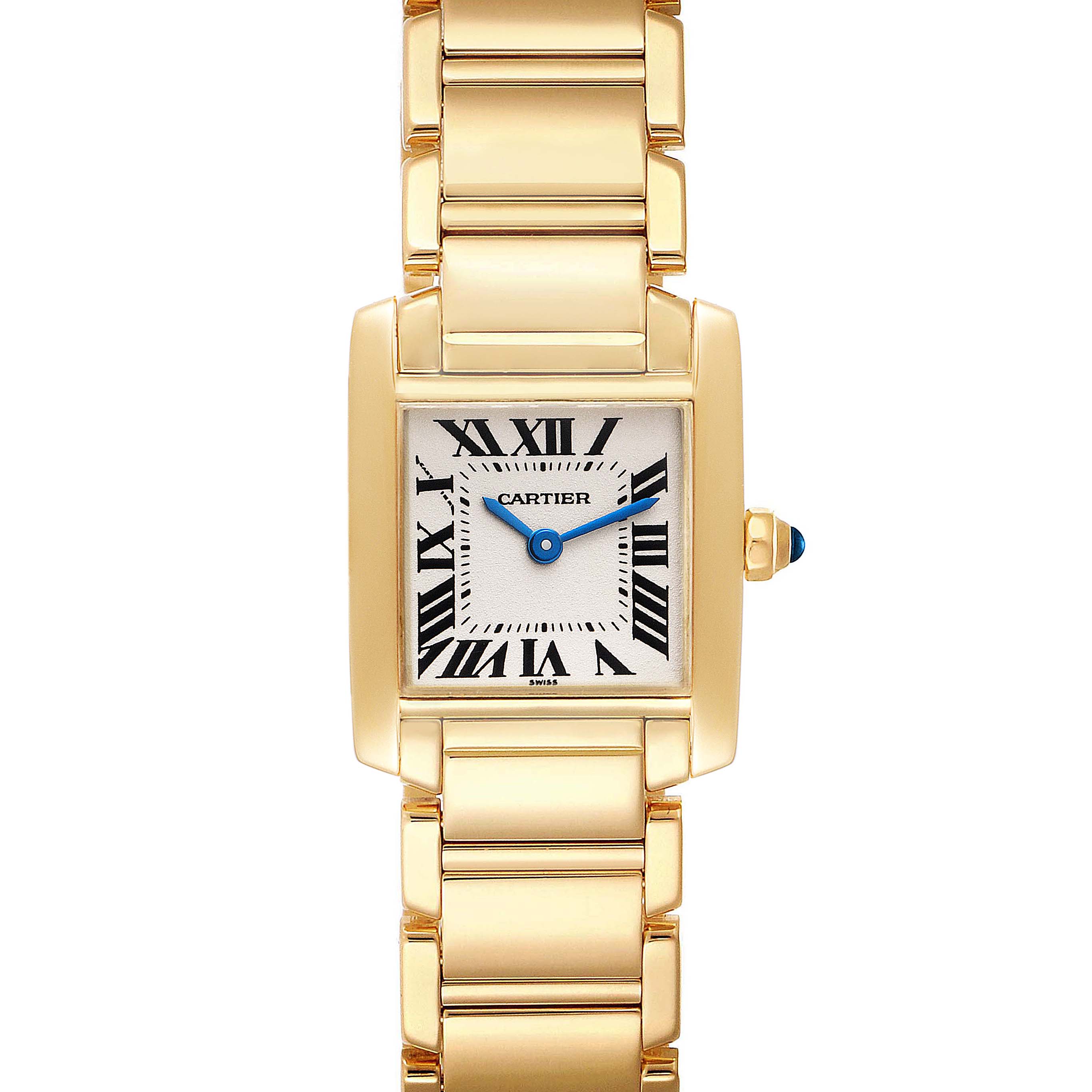 The image shows a frontal view of the Cartier Tank Francaise W50002N2 Women's Yellow Gold Silver Dial W50002N2 Women's Yellow Gold Silver Dial watch, highlighting the gold bracelet, Roman numeral dial, and blue hands.