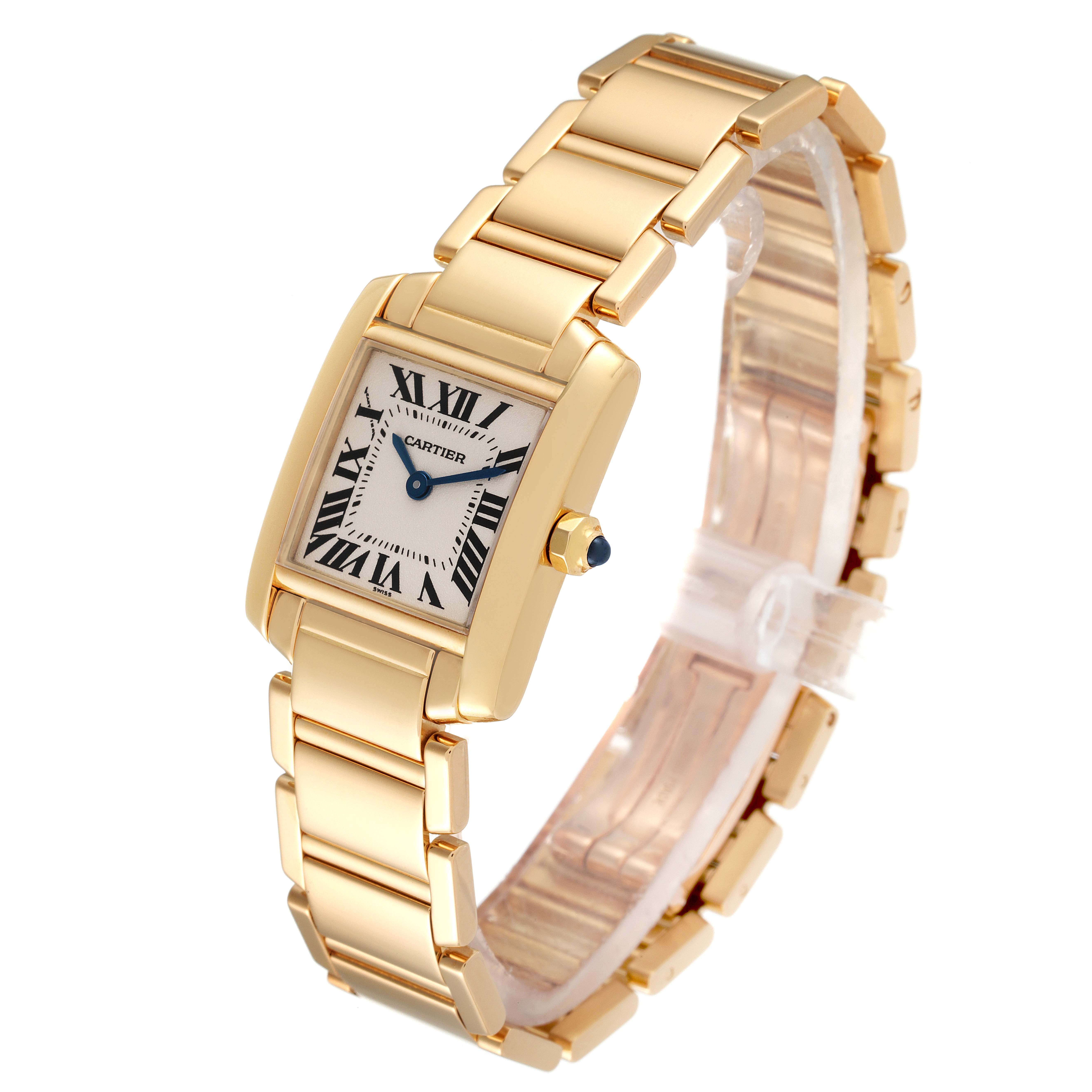 This image shows a Cartier Tank Française watch from an angled perspective, highlighting its gold case, bracelet, and rectangular dial.