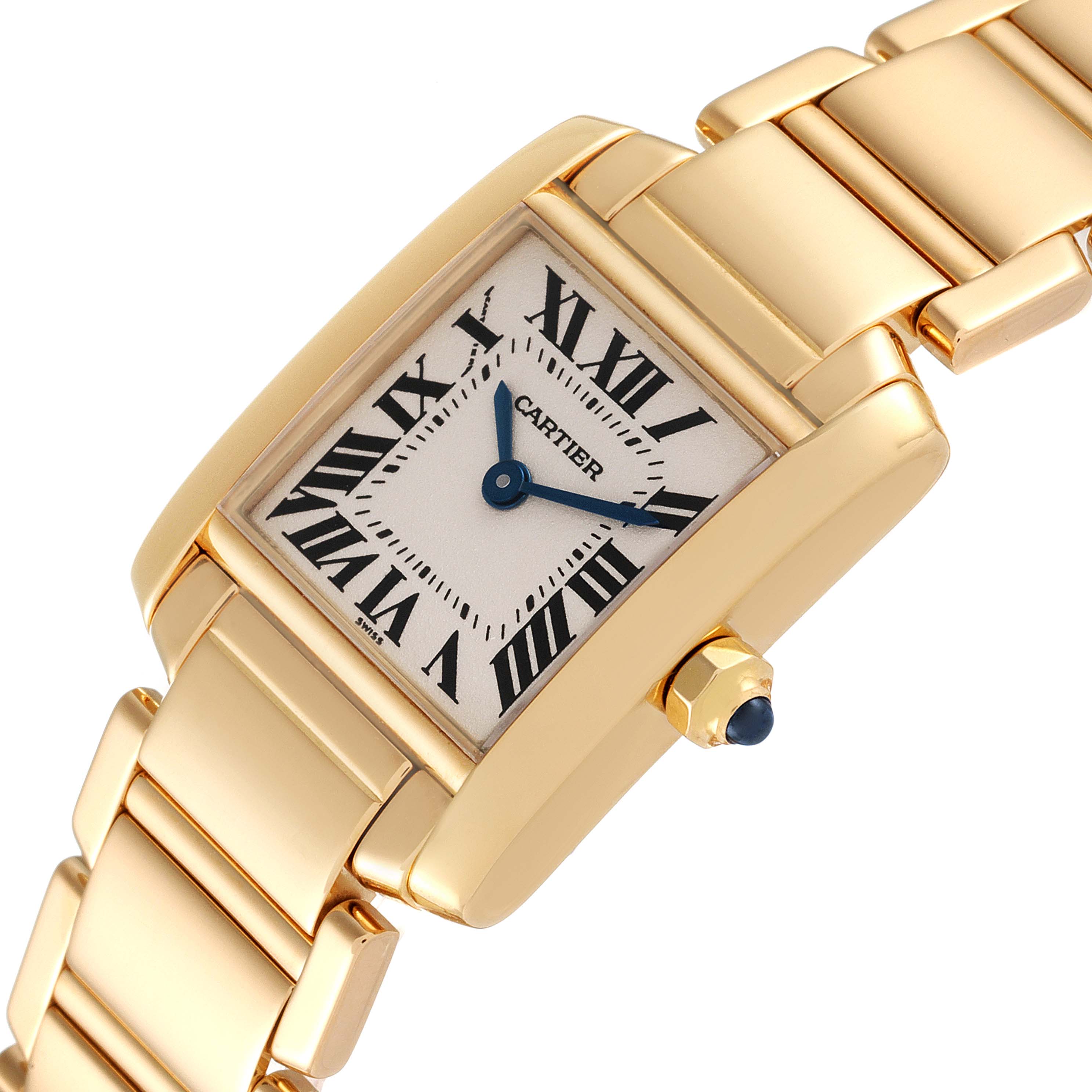The image shows a close-up of the Cartier Tank Francaise W50002N2 Women's Yellow Gold Silver Dial W50002N2 Women's Yellow Gold Silver Dial watch face and part of the gold bracelet at an angled view.