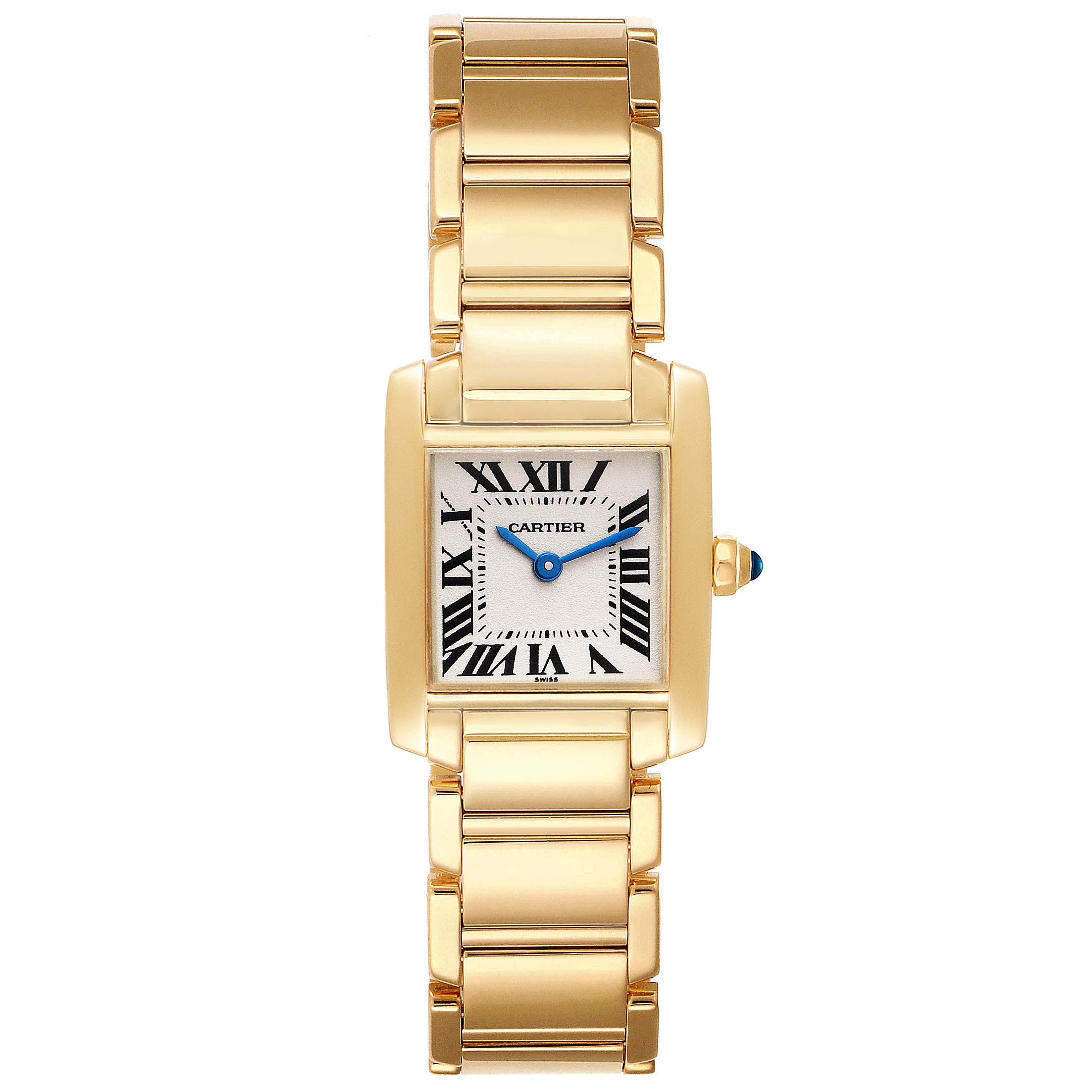 The image depicts the Cartier Tank Française watch from a top-down angle, showing the dial, case, and bracelet.