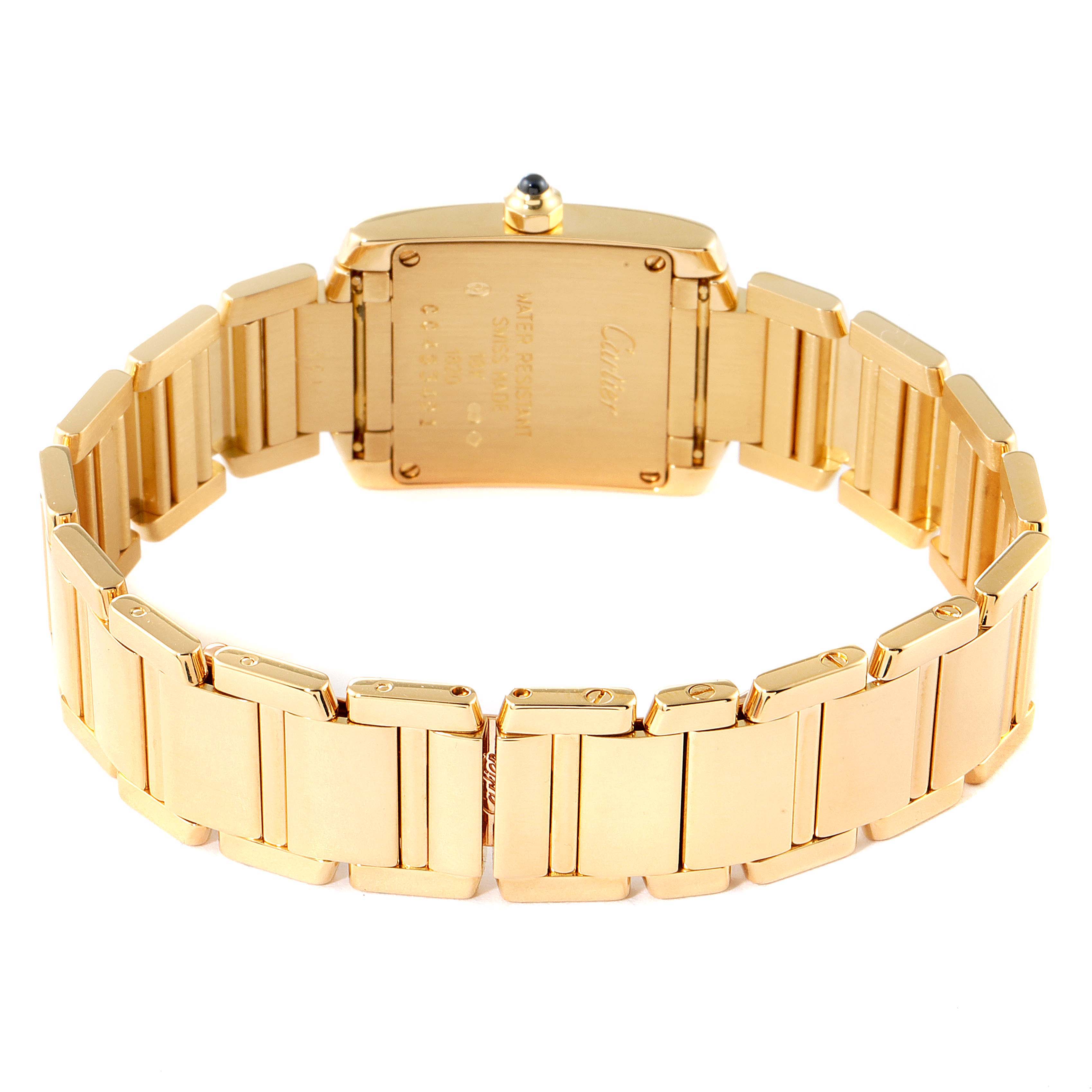 This image shows the back angle of a Cartier Tank Francaise W50002N2 Women's Yellow Gold Silver Dial W50002N2 Women's Yellow Gold Silver Dial watch, highlighting the case back and bracelet.