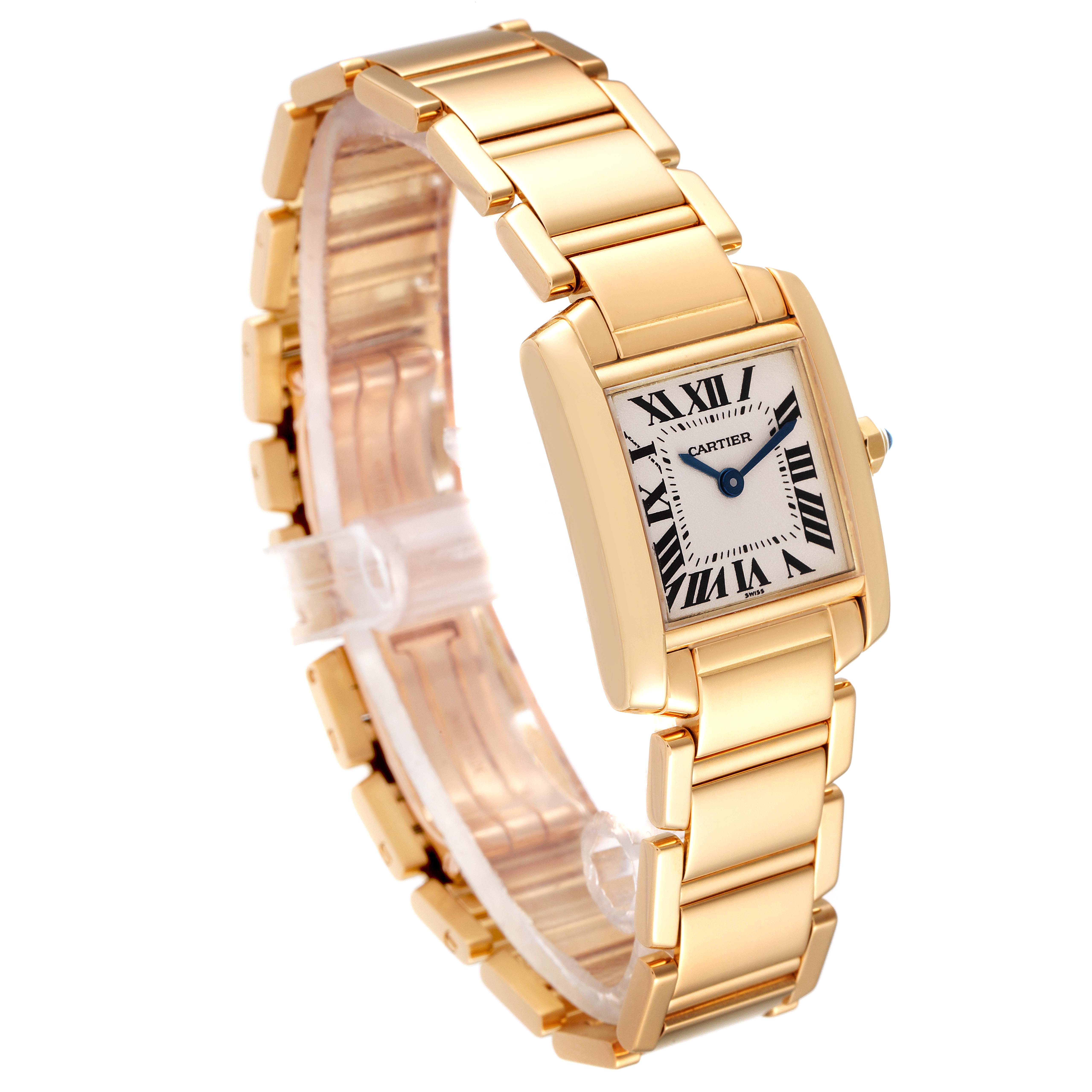 The image shows a Cartier Tank Francaise W50002N2 Women's Yellow Gold Silver Dial W50002N2 Women's Yellow Gold Silver Dial watch at an angle displaying its gold bracelet, case, and dial with Roman numerals.