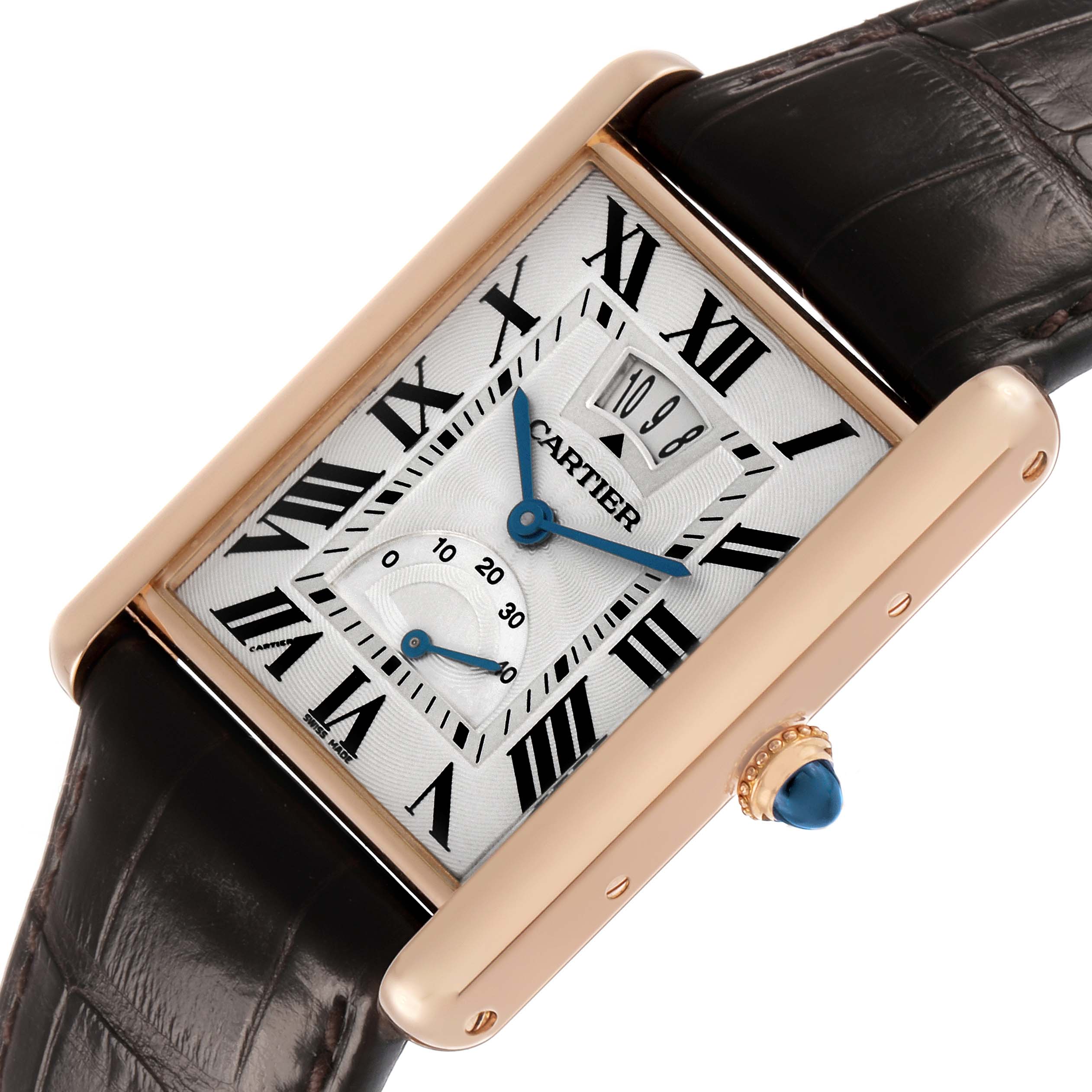 The Cartier Tank Louis W1560003 Men's Rose Gold Silver Dial watch is shown at an angle highlighting its rectangular case, dial with Roman numerals, and blue cabochon crown.