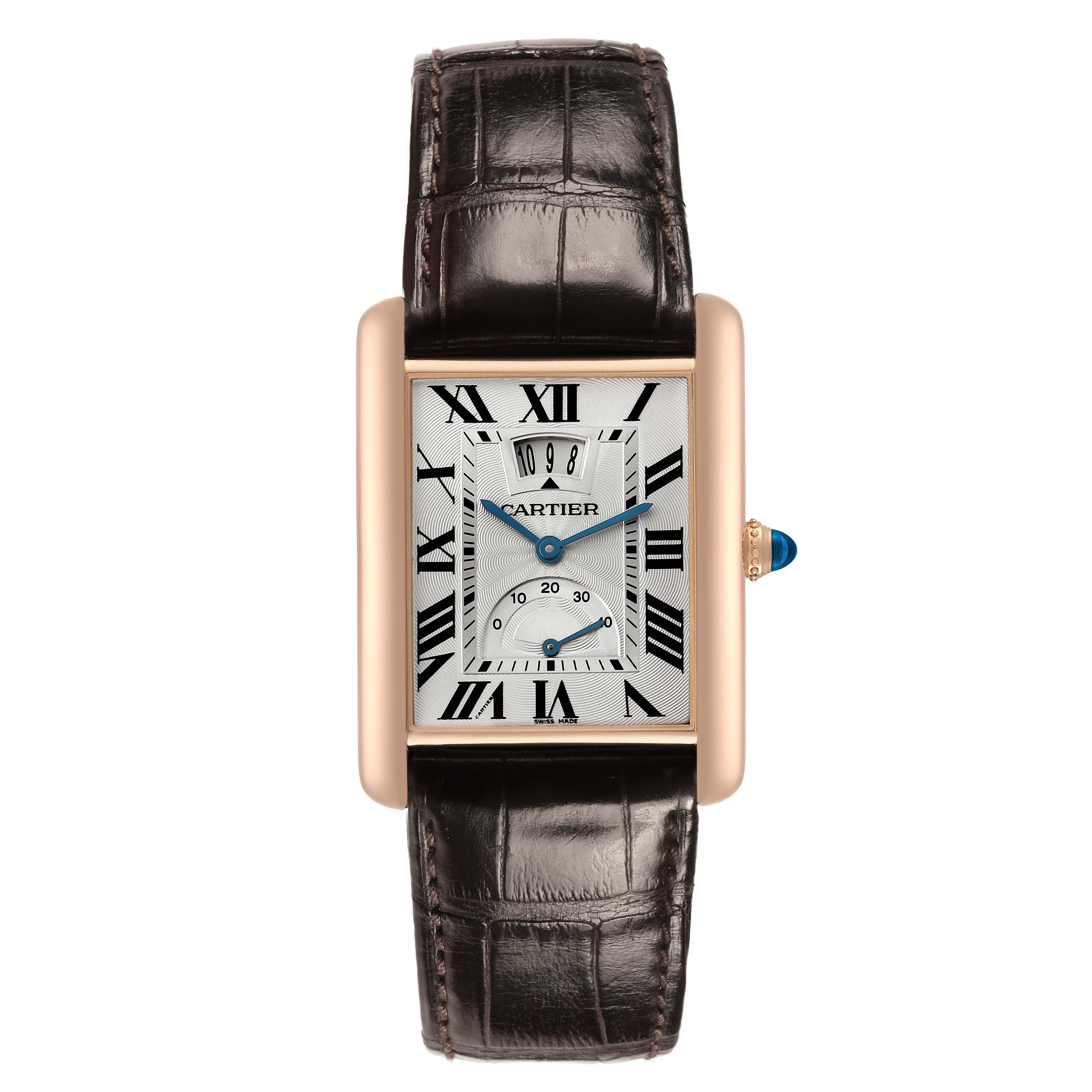 The Cartier Tank Louis W1560003 Men's Rose Gold Silver Dial watch is shown from a top-down angle, displaying the face, strap, and crown.