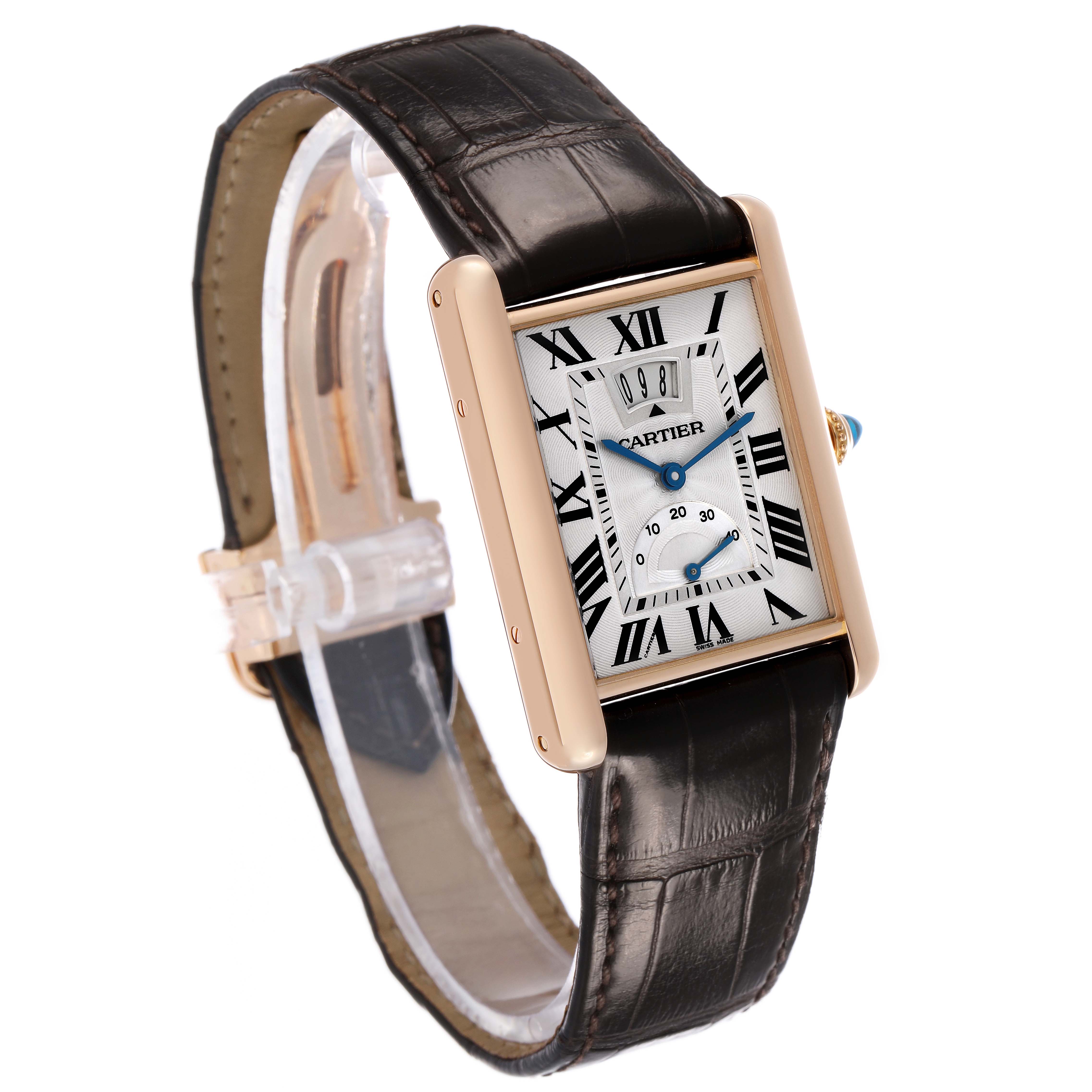 The Cartier Tank Louis W1560003 Men's Rose Gold Silver Dial watch is shown at a slight angle, displaying the face, strap, buckle, and a side view of the crown.