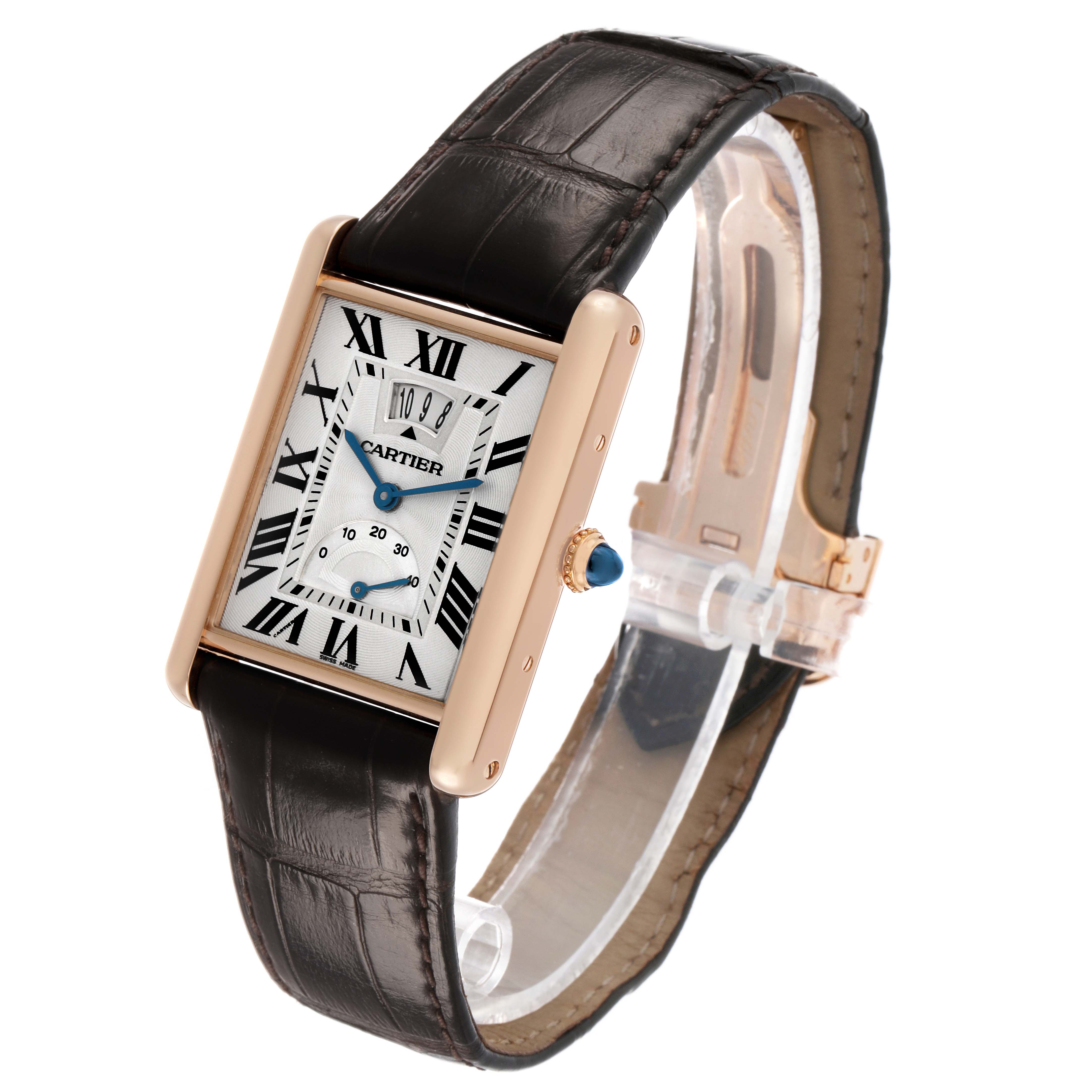 The Cartier Tank Louis W1560003 Men's Rose Gold Silver Dial watch is shown at an angled view, highlighting its rectangular face, Roman numerals, and leather strap.