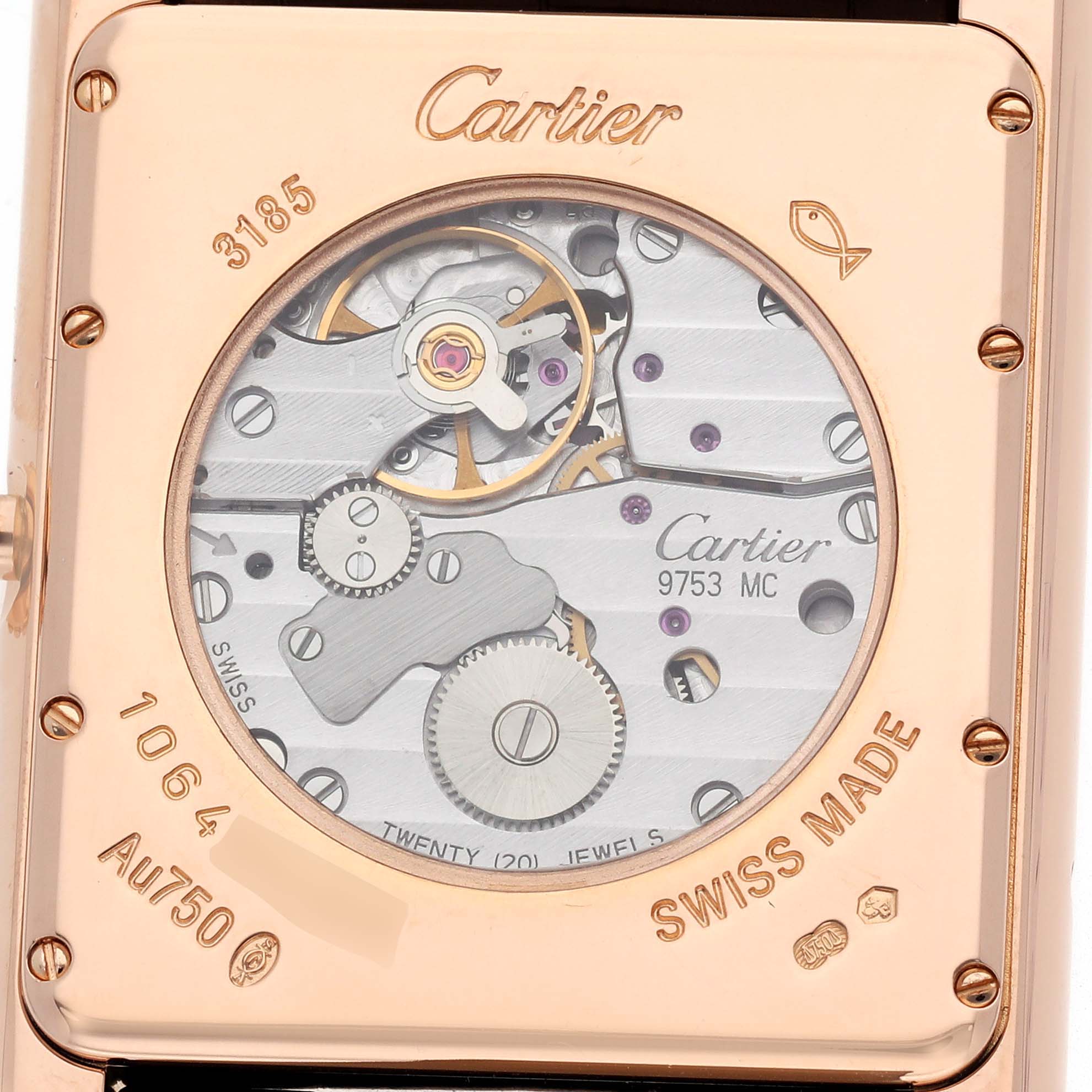 The image shows the back view of a Cartier Tank Louis W1560003 Men's Rose Gold Silver Dial, highlighting its movement and internal mechanisms.