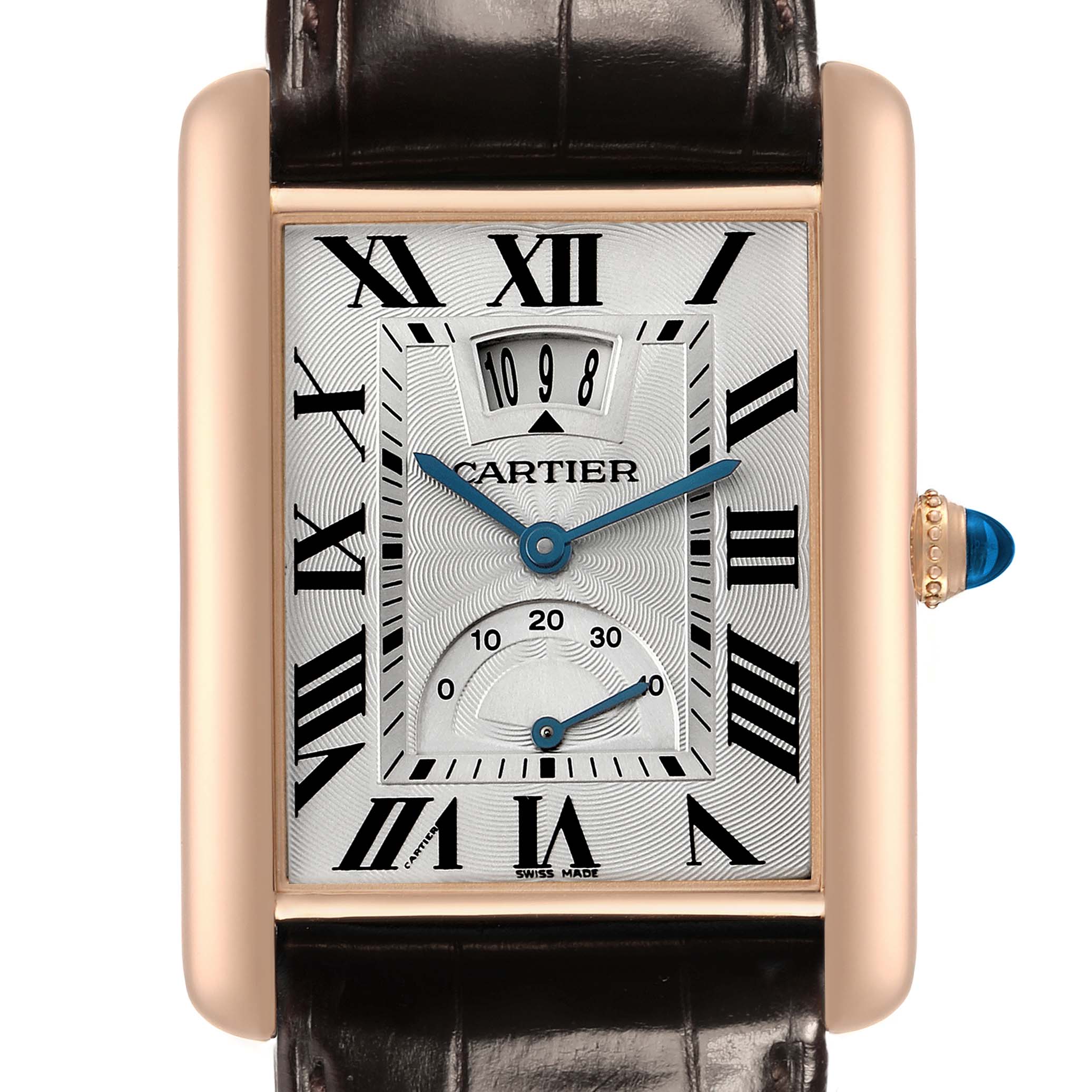 The image shows a Cartier Tank Louis W1560003 Men's Rose Gold Silver Dial watch from the front, highlighting the dial, Roman numerals, and blue hands.