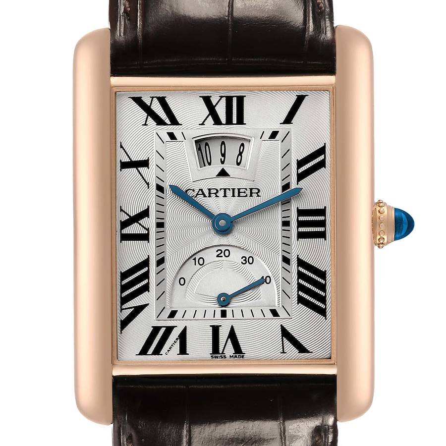 The image shows a Cartier Tank Louis W1560003 Men's Rose Gold Silver Dial watch from the front, highlighting the dial, Roman numerals, and blue hands.