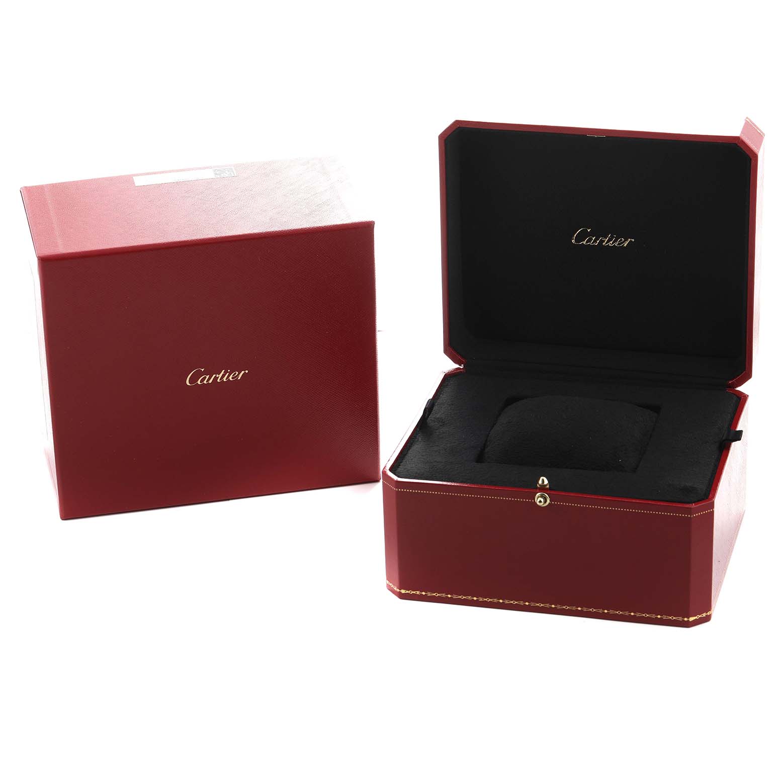 The image shows a Cartier Tank Louis W1560003 Men's Rose Gold Silver Dial watch box with its lid open, alongside the outer box, both in red with gold lettering.