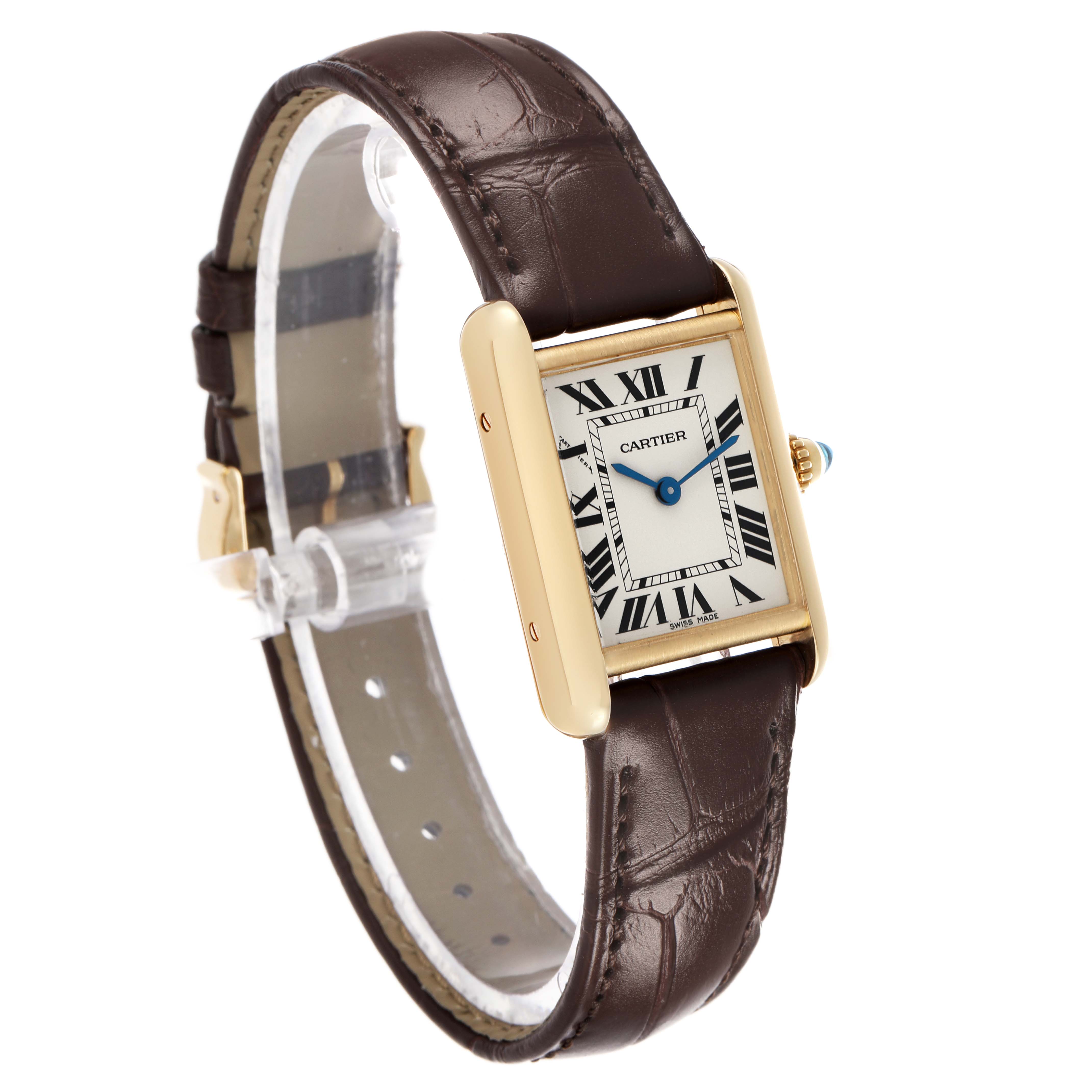 The Cartier Tank Louis W1529856 Women's Yellow Gold Silver Dial watch is shown at a left-side angle, highlighting its rectangular face, gold case, and leather strap.