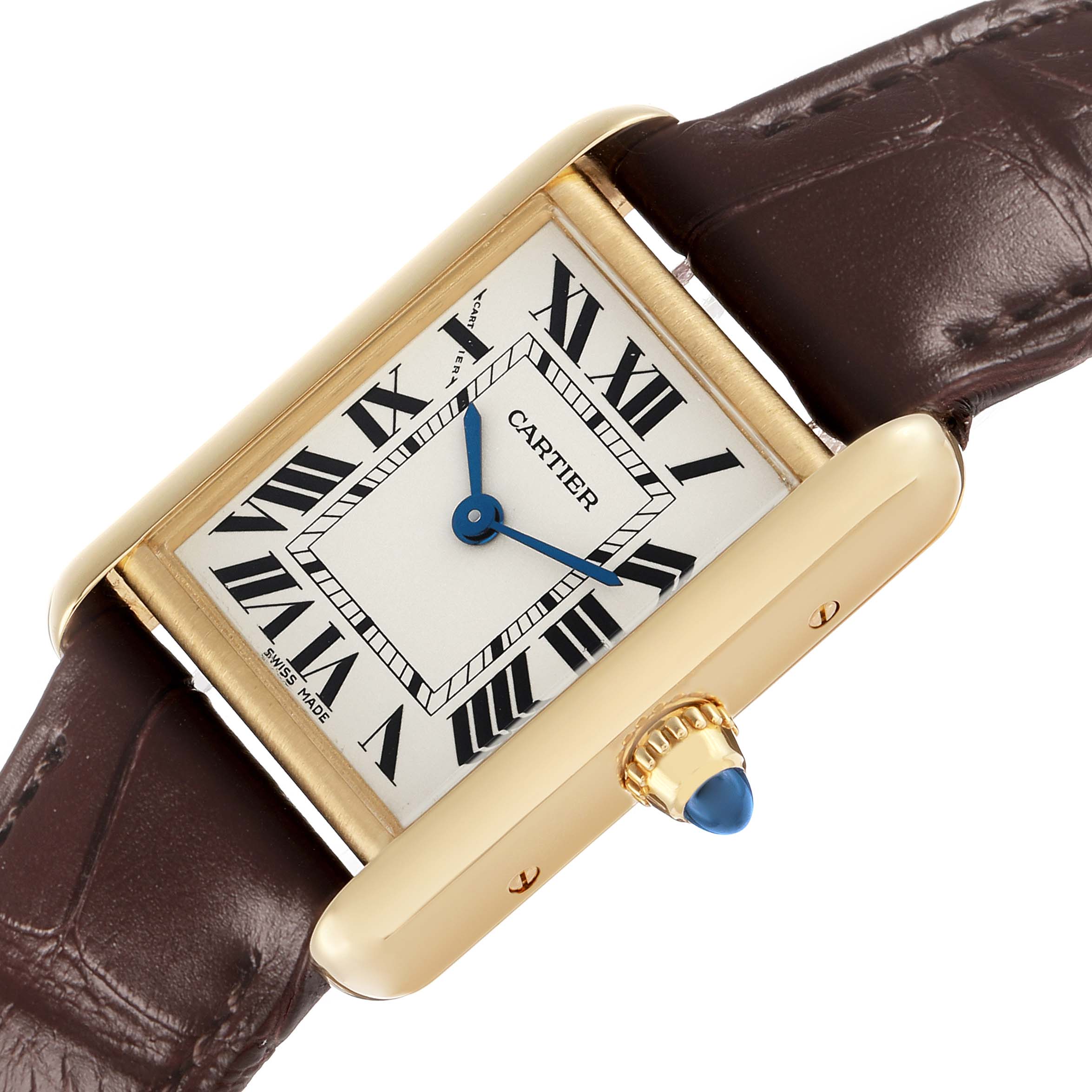 The Cartier Tank Louis W1529856 Women's Yellow Gold Silver Dial watch is shown at an angled close-up, highlighting its rectangular case, Roman numeral dial, and crown.