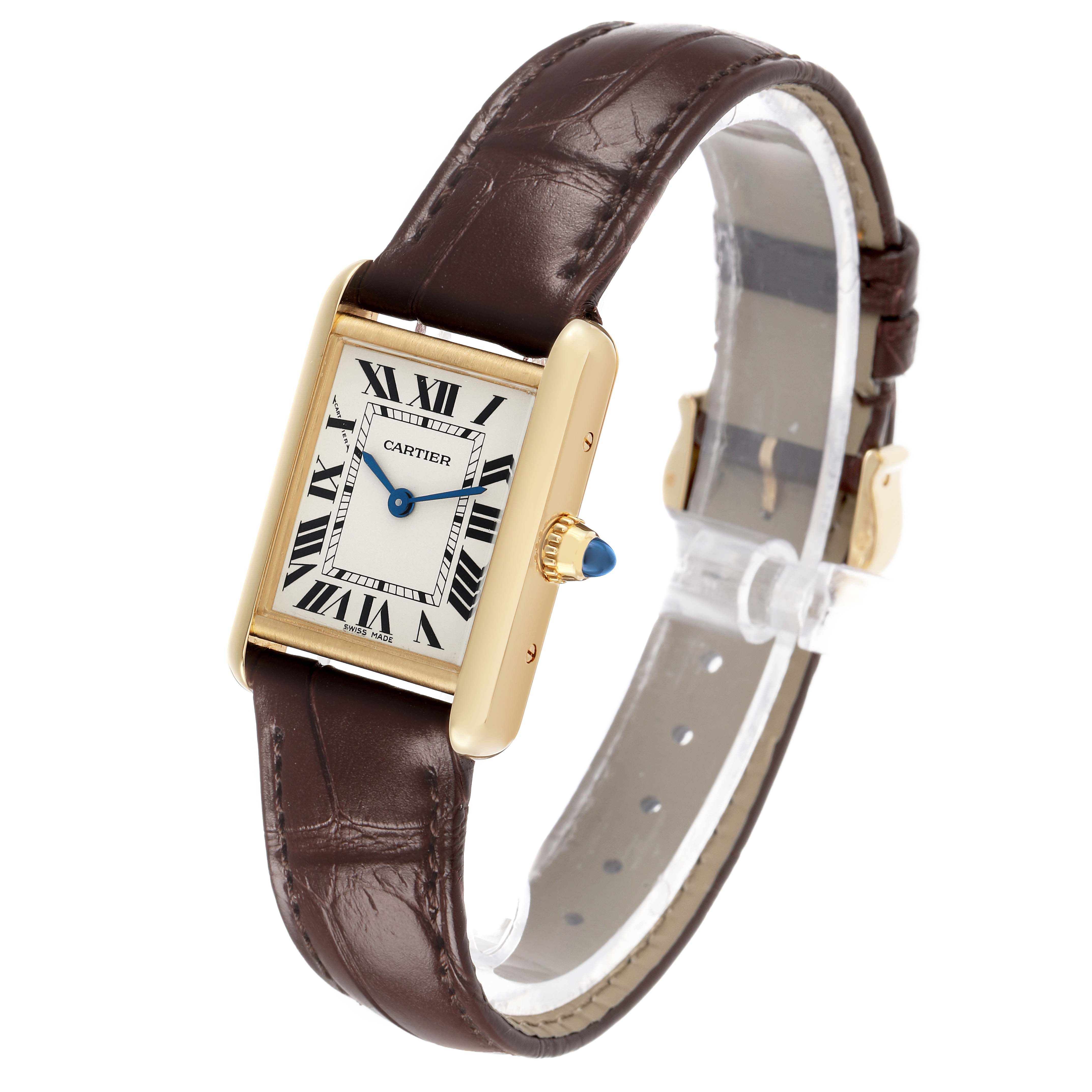 The Cartier Tank Louis W1529856 Women's Yellow Gold Silver Dial watch is shown at a slight angle, displaying the face, rectangular case, and brown leather strap.