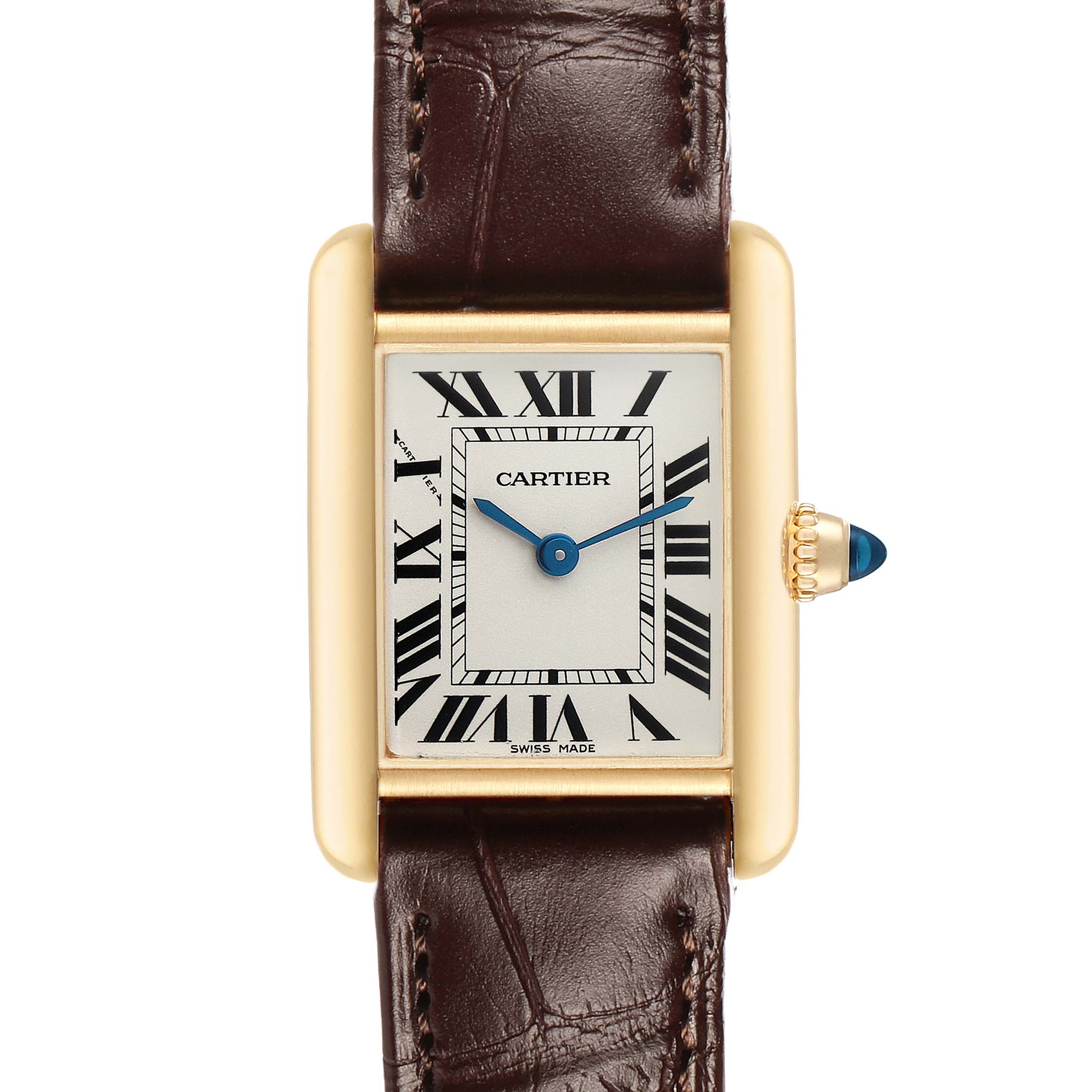 The Cartier Tank Louis W1529856 Women's Yellow Gold Silver Dial watch is shown from the front, displaying the dial, crown, and leather strap.