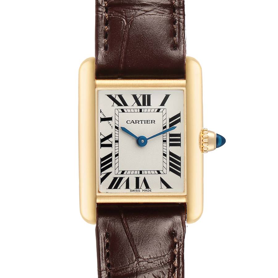 The Cartier Tank Louis W1529856 Women's Yellow Gold Silver Dial watch is shown from the front, displaying the dial, crown, and leather strap.