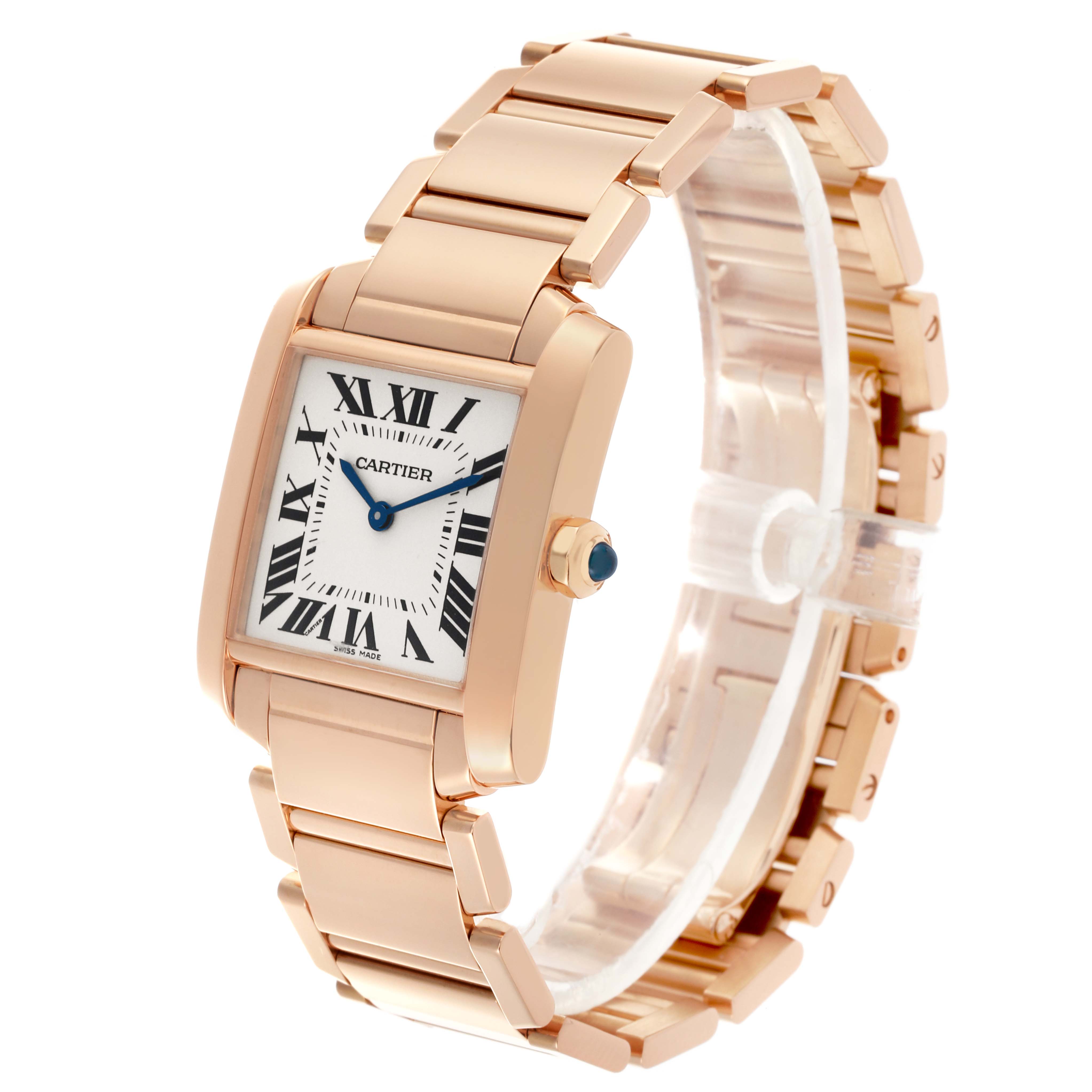 The Cartier Tank Francaise WGTA0030 Women's Rose Gold White Dial WGTA0030 Women's Rose Gold White Dial watch is shown at a three-quarter angle, featuring the face, bracelet, and crown.