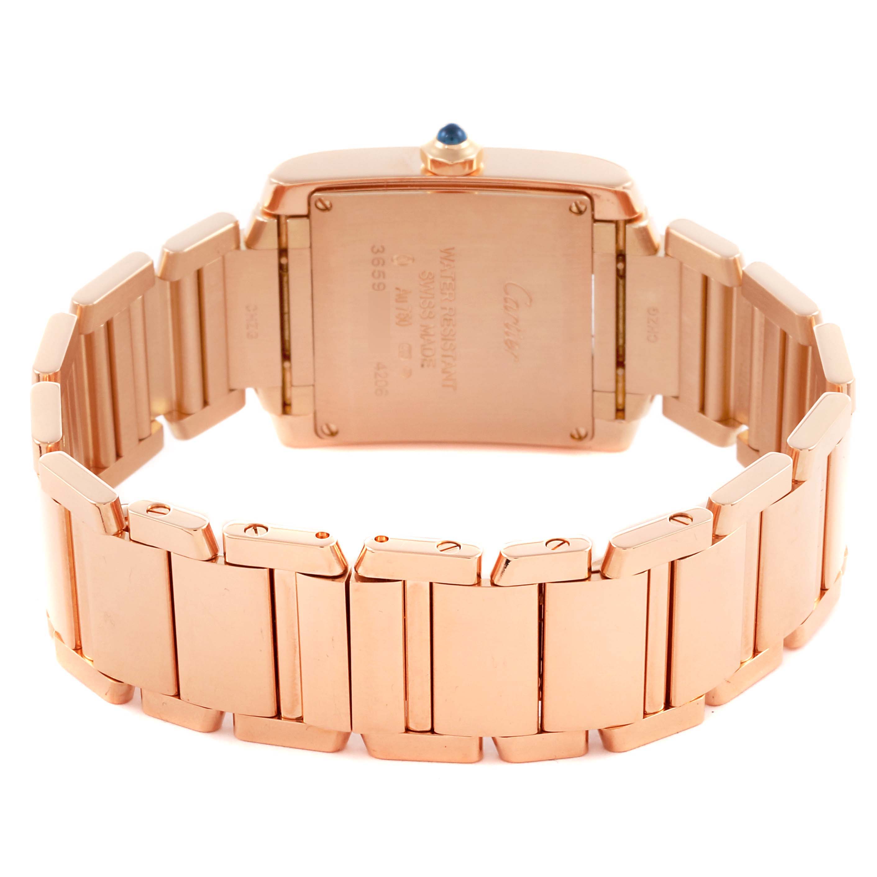 The Cartier Tank Francaise WGTA0030 Women's Rose Gold White Dial WGTA0030 Women's Rose Gold White Dial watch is shown from the back, displaying its case back and bracelet links.