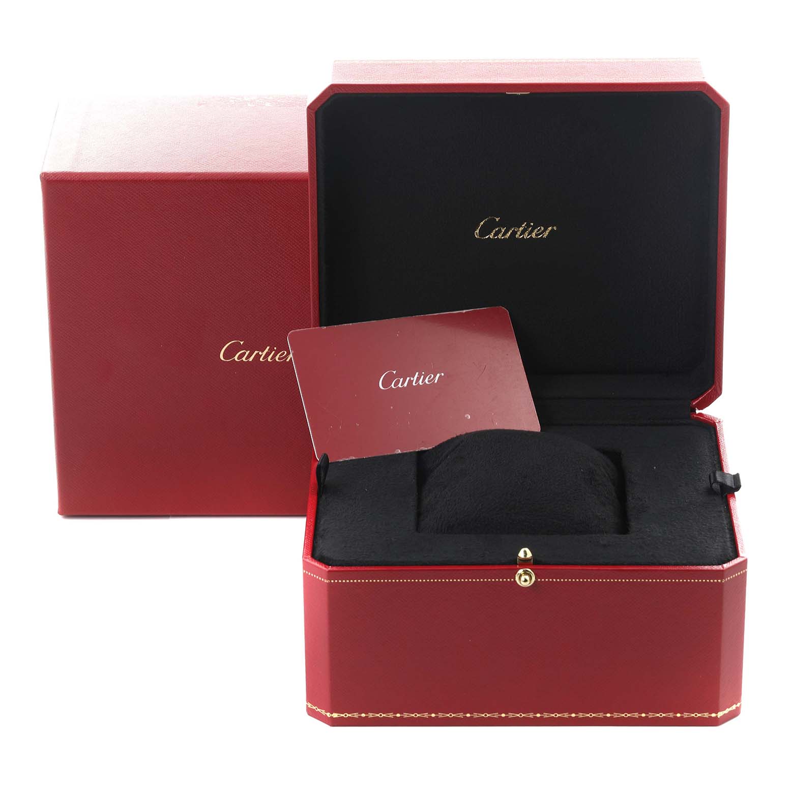 The image shows a Cartier Tank Française box set, including a red outer box, inner display box, and booklet.