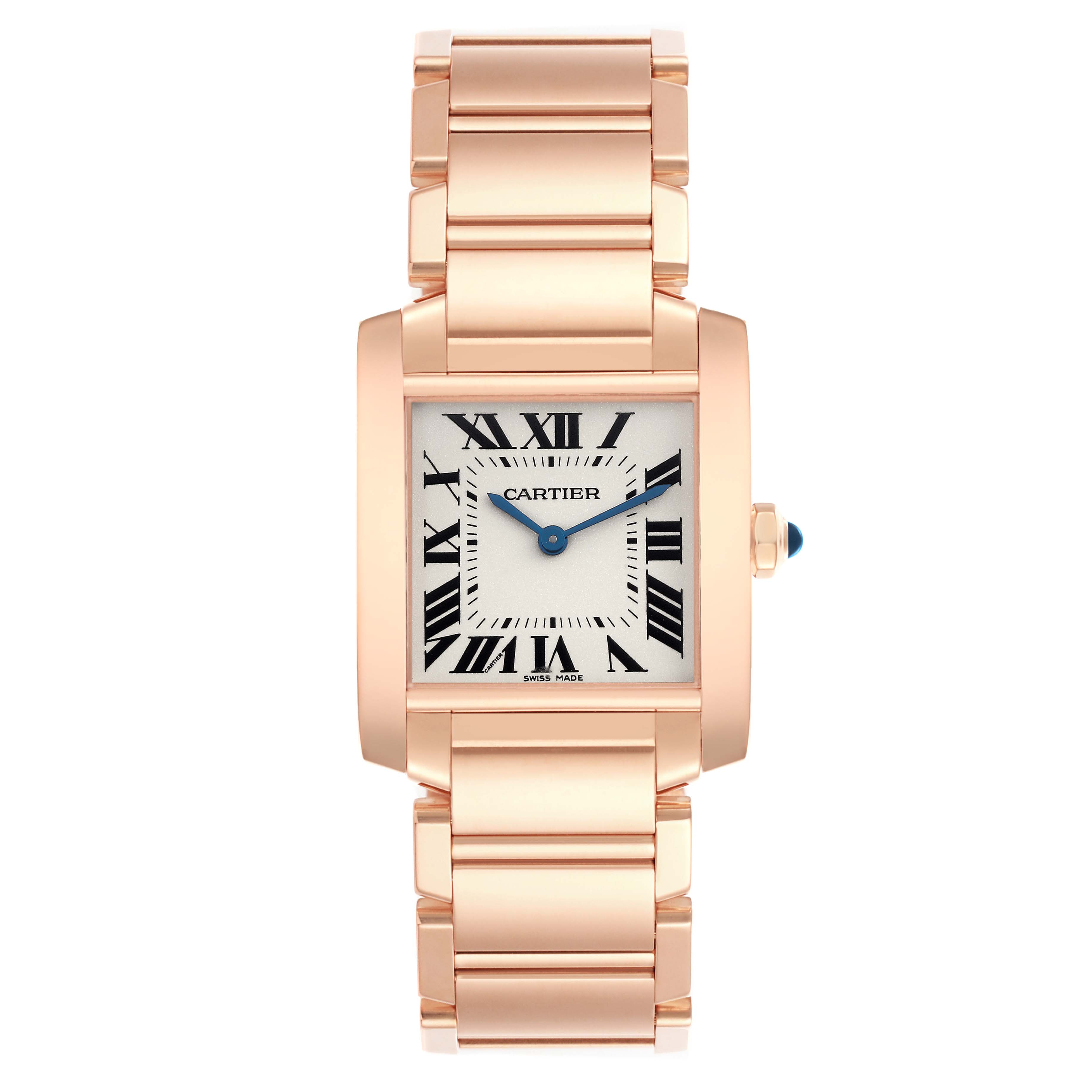 The Cartier Tank Française watch is shown from a front angle, displaying its face, bezel, and bracelet.