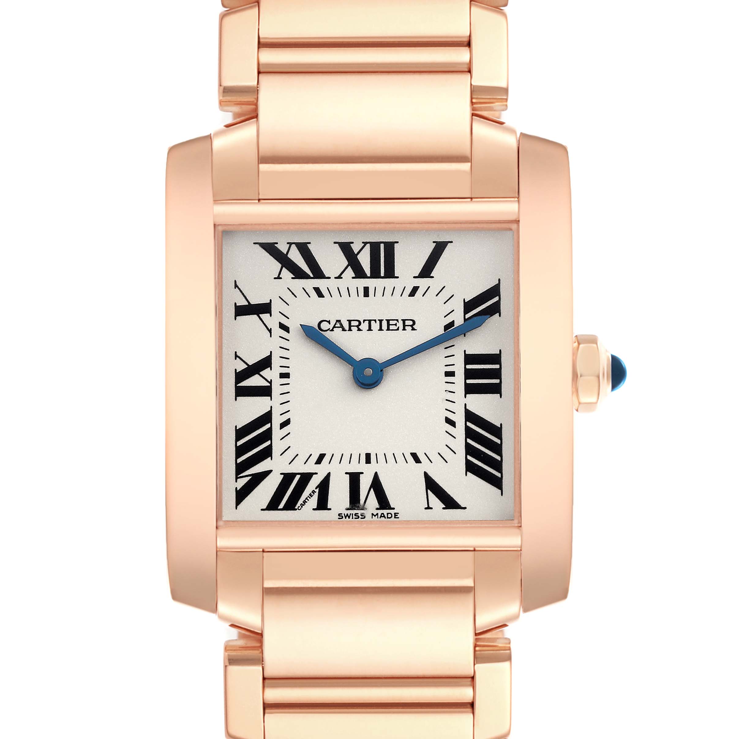 The Cartier Tank Française watch is shown from the front, displaying the face, bezel, and part of the bracelet.