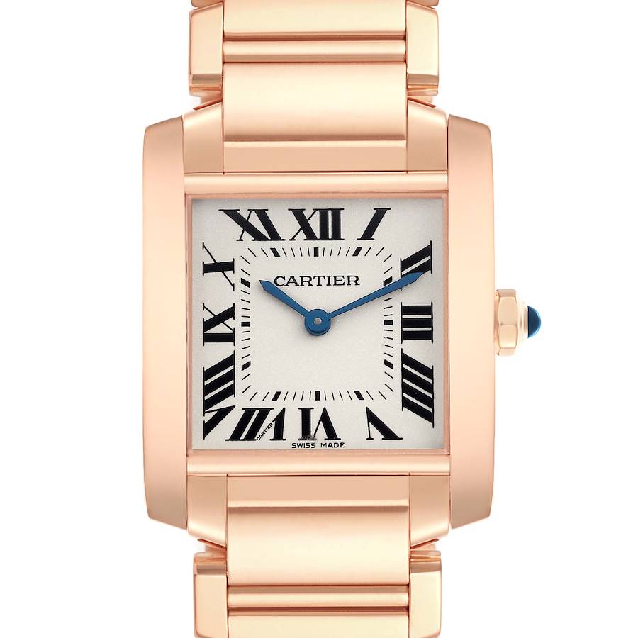 The Cartier Tank Française watch is shown from the front, displaying the face, bezel, and part of the bracelet.