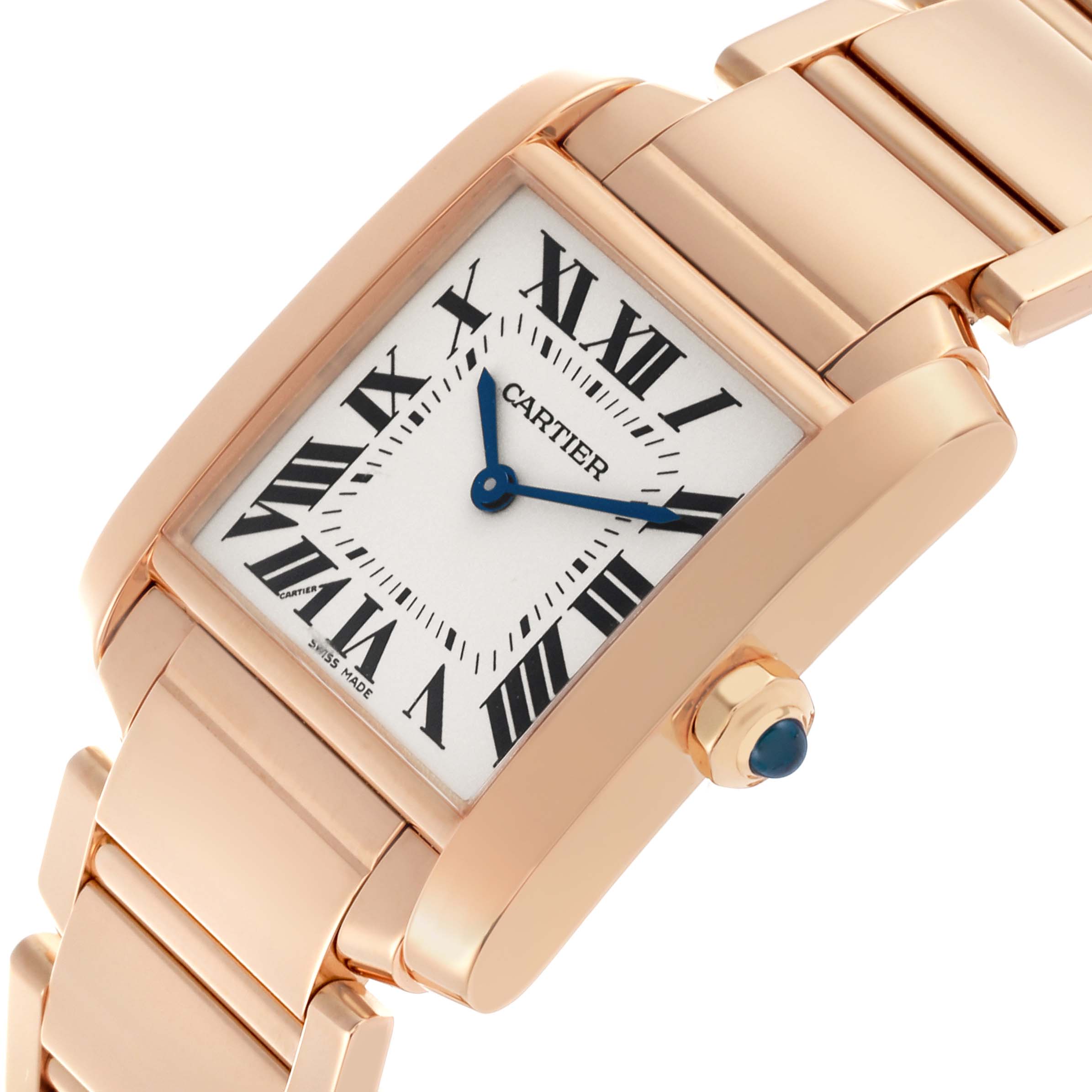 The Cartier Tank Francaise WGTA0030 Women's Rose Gold White Dial WGTA0030 Women's Rose Gold White Dial watch is shown from a close-up angle highlighting the case, dial, bracelet, and crown.