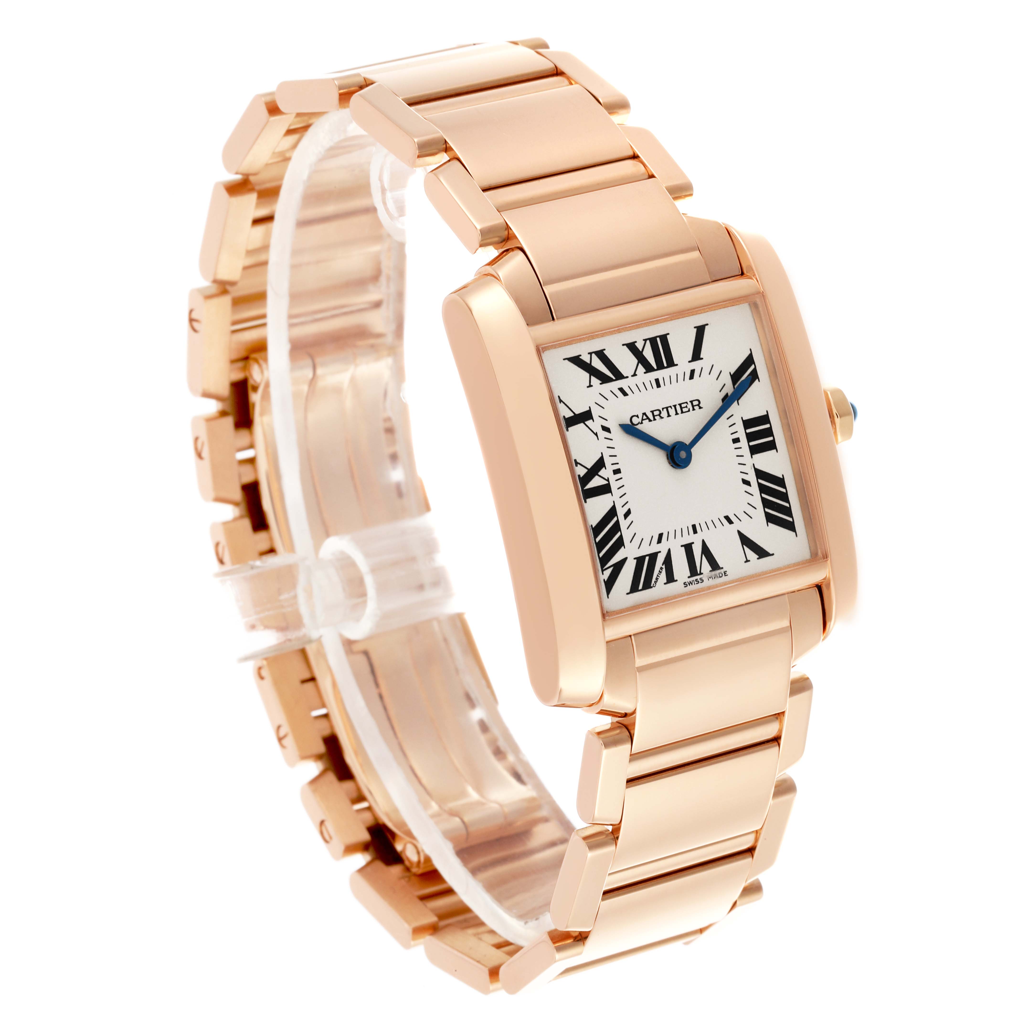 The Cartier Tank Française watch is shown from a three-quarter angle, highlighting its face, bracelet, and clasp.
