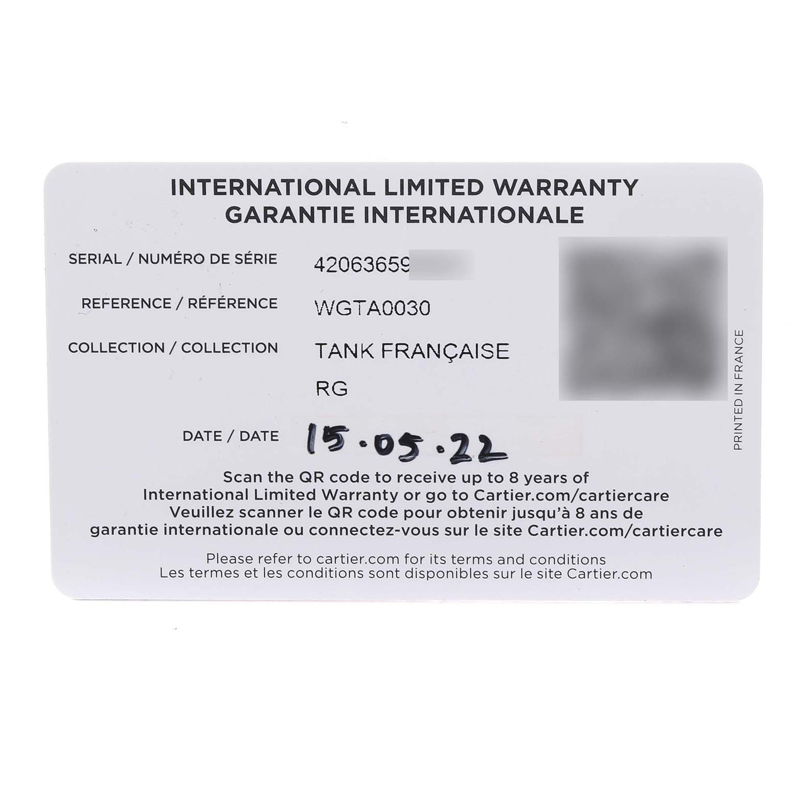This image shows the international warranty card for the Cartier Tank Française watch.