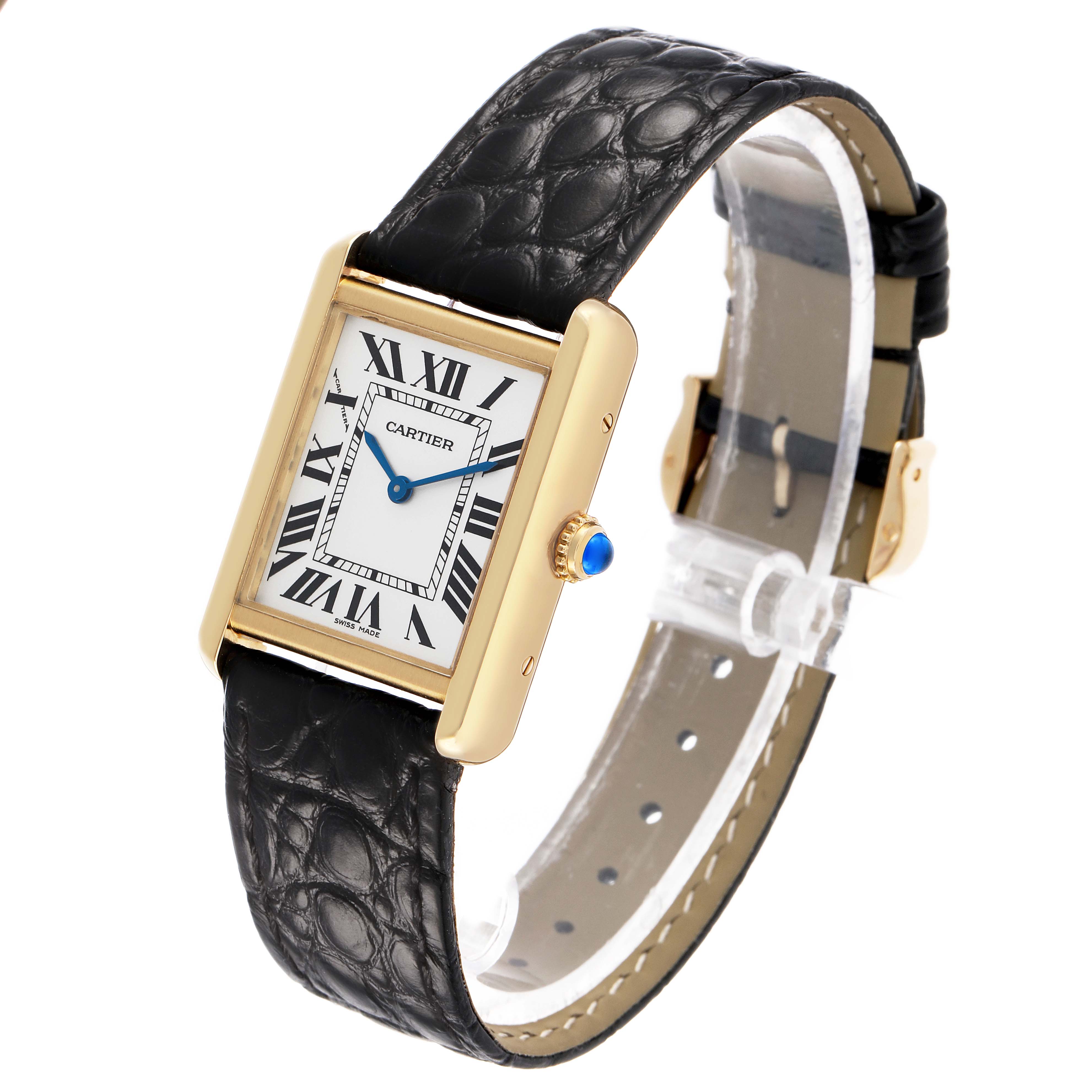 The Cartier Tank Solo W5200002 Women's Yellow Gold Silver Dial watch is shown at an angle displaying its gold case, Roman numeral dial, blue hands, and leather strap.