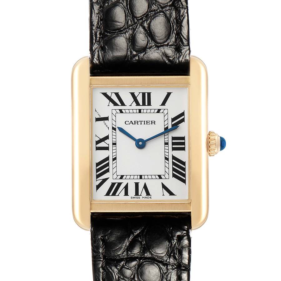The Cartier Tank Solo W5200002 Women's Yellow Gold Silver Dial watch is shown from the front, displaying its rectangular face, Roman numerals, and black leather strap.