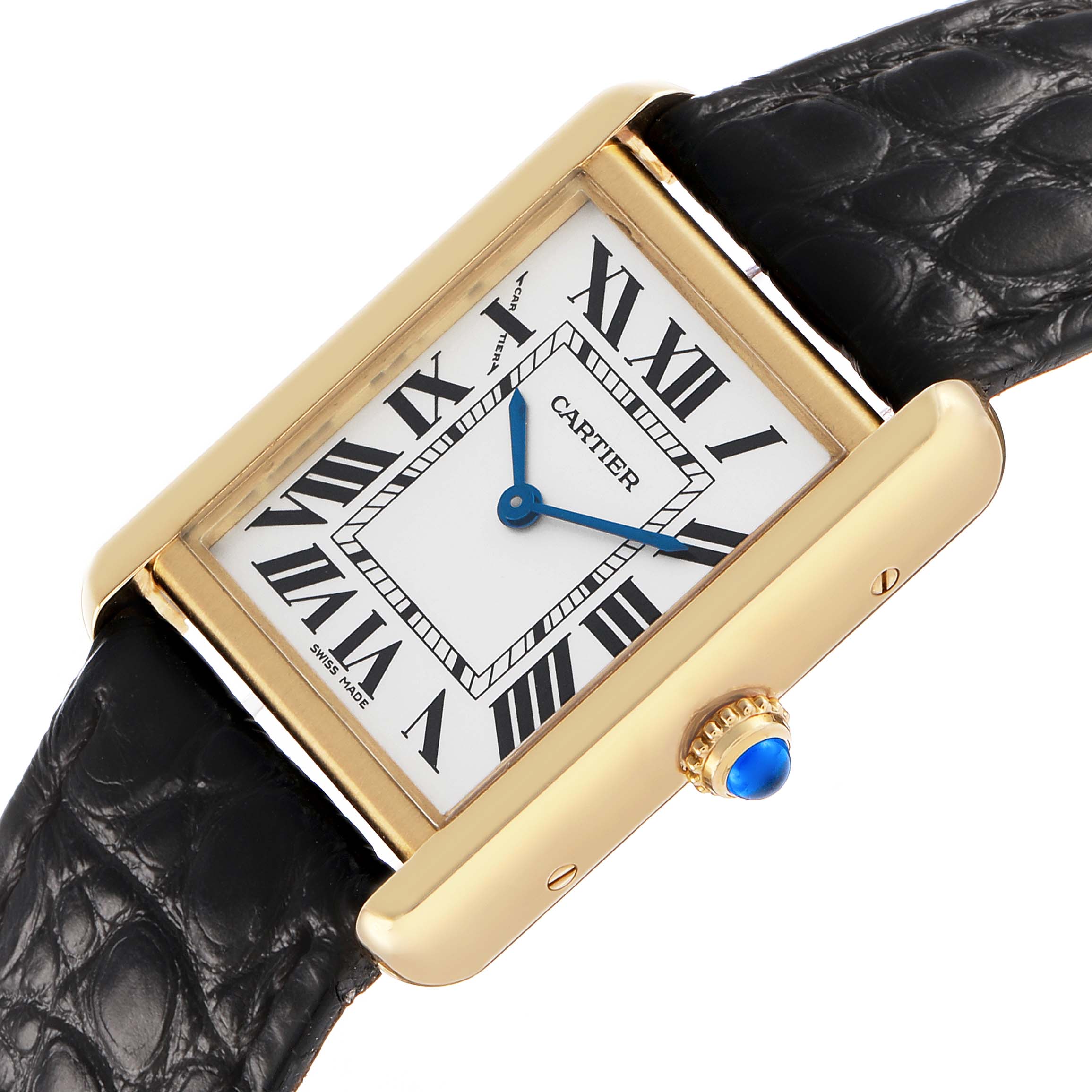 The Cartier Tank Solo W5200002 Women's Yellow Gold Silver Dial watch is angled to show the face, gold casing, black leather strap, and sapphire crown.