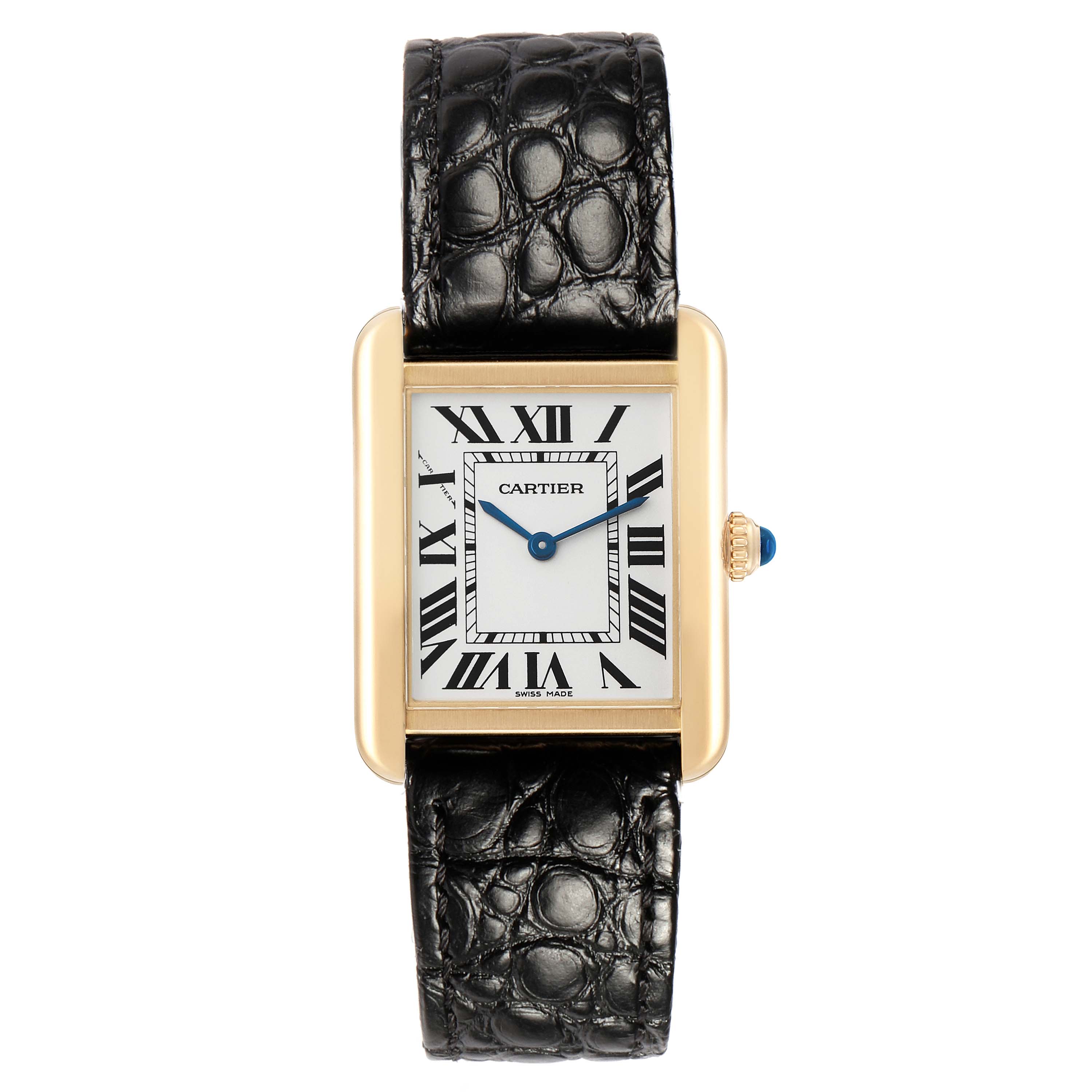 The Cartier Tank Solo W5200002 Women's Yellow Gold Silver Dial watch is shown from a top-down angle, highlighting its rectangular face, Roman numerals, gold casing, and black leather strap.