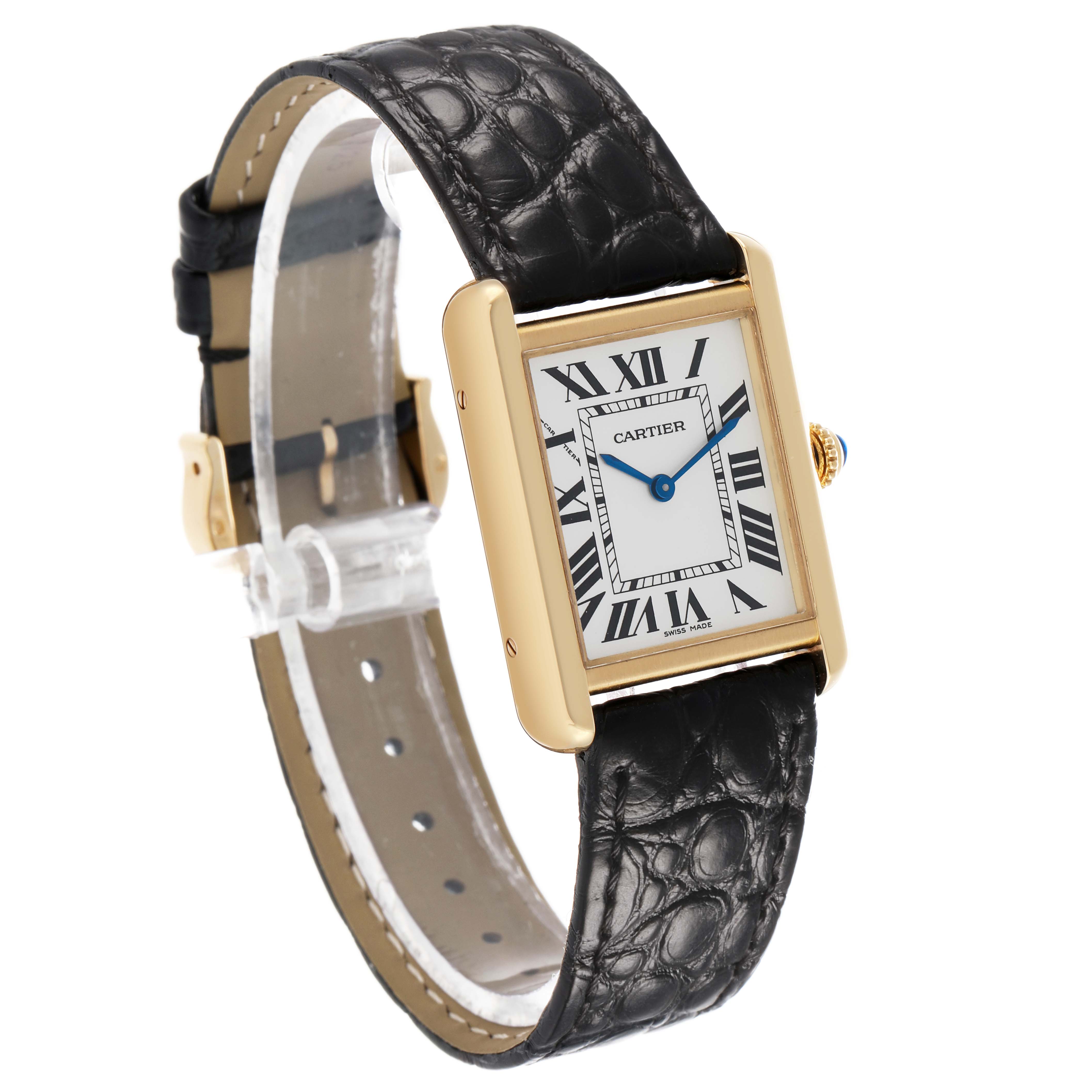 The Cartier Tank Solo W5200002 Women's Yellow Gold Silver Dial watch is shown at a slight angle, highlighting its rectangular face, Roman numerals, and leather strap.