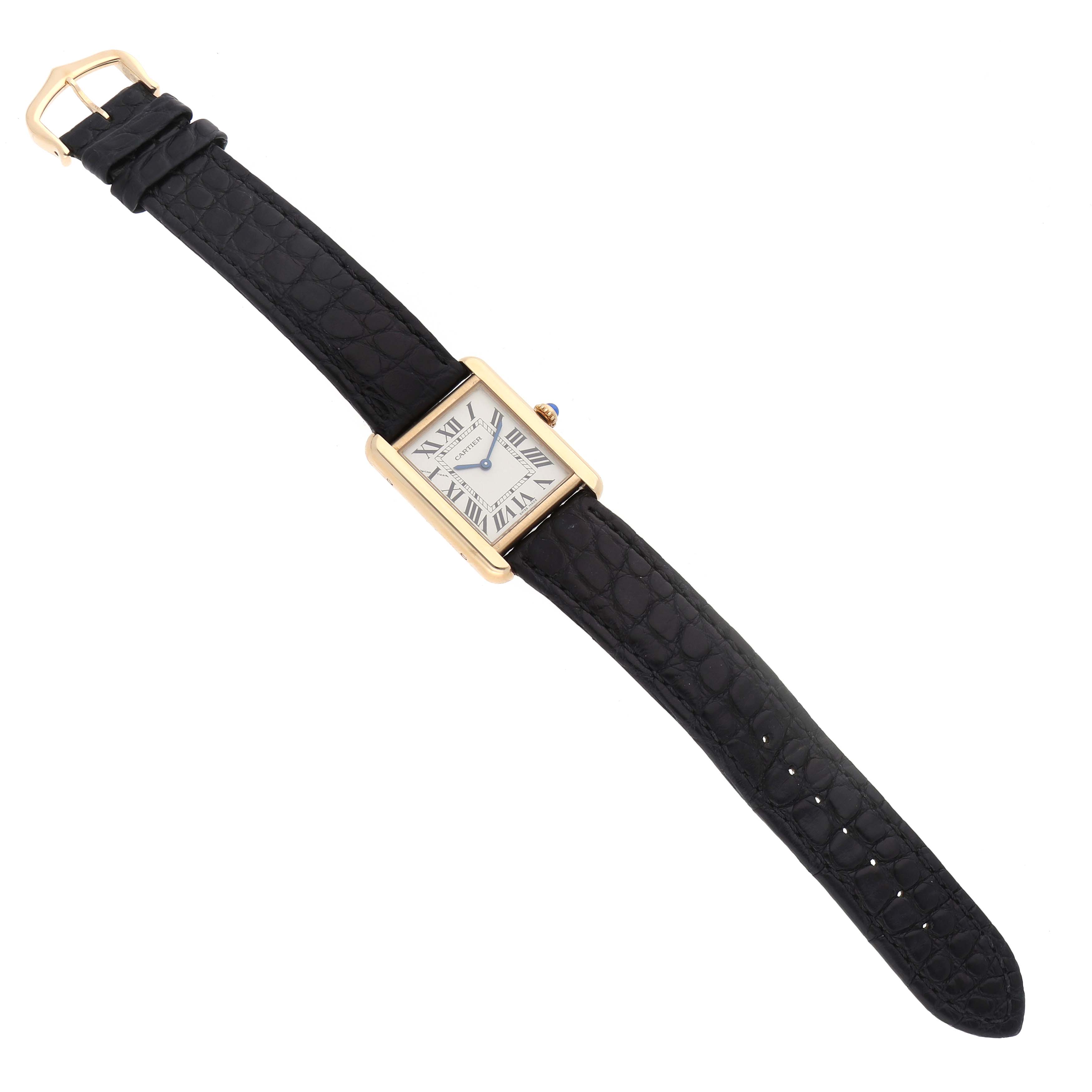 The Cartier Tank Solo W5200002 Women's Yellow Gold Silver Dial watch is shown in a top-down angle, displaying the rectangular face and black leather strap.