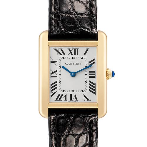 The Cartier Tank Solo W5200002 Women's Yellow Gold Silver Dial watch is shown from the front, displaying the face, Roman numerals, and a black leather strap.