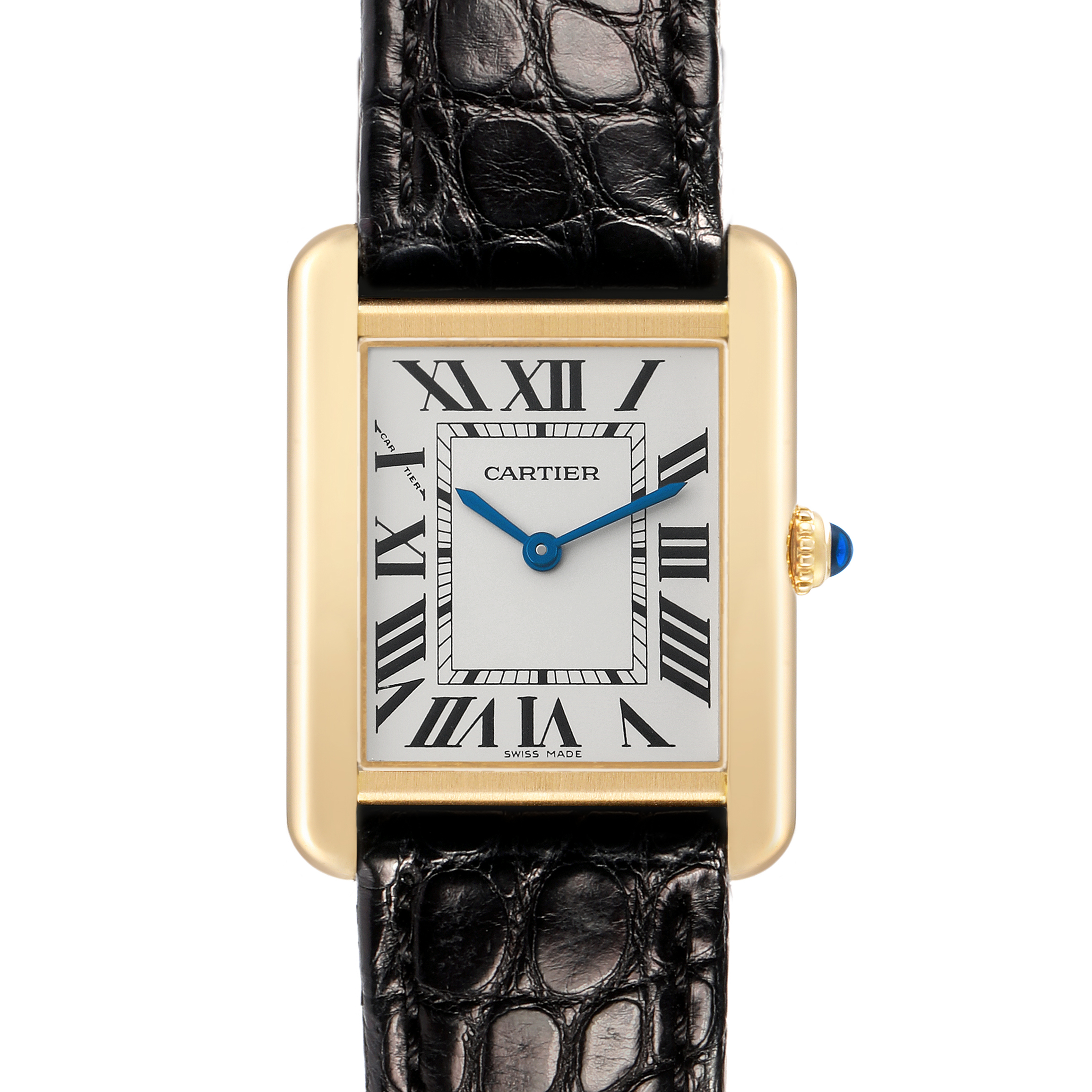 The Cartier Tank Solo W5200002 Women's Yellow Gold Silver Dial watch is shown front-facing, displaying its rectangular face, gold case, and black leather strap.
