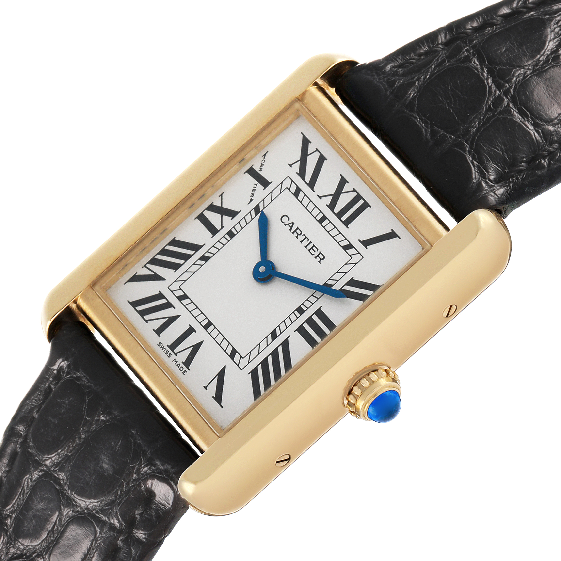 The Cartier Tank Solo W5200002 Women's Yellow Gold Silver Dial watch is shown at an angled view, highlighting the gold case, roman numeral face, and the black leather strap.