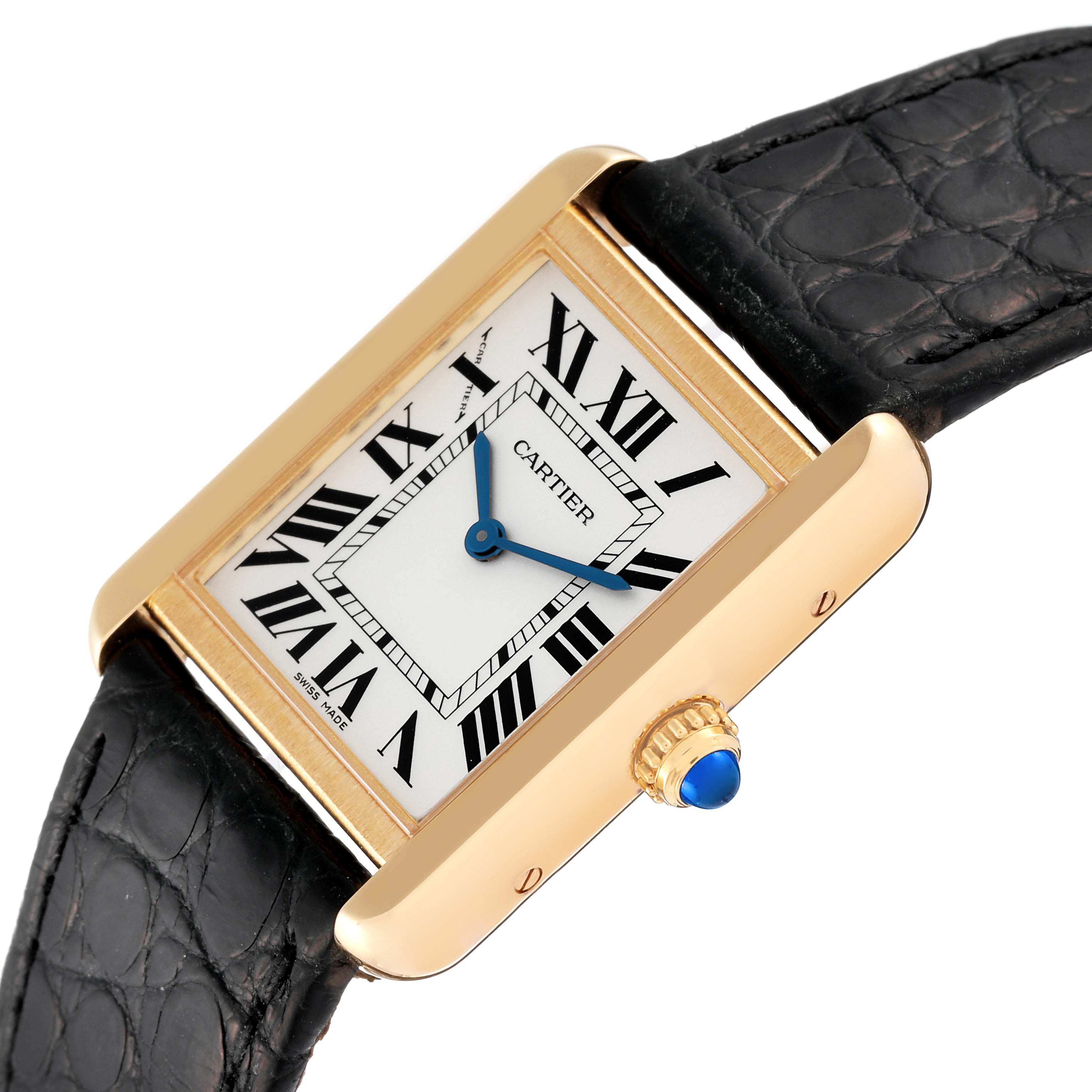 The Cartier Tank Solo W5200002 Women
s Stainless Steel Silver Dial W5200002 Women
s Stainless Steel Silver Dial watch is shown at a slight angle, highlighting its rectangular face, black Roman numerals, blue hands, and black leather strap.