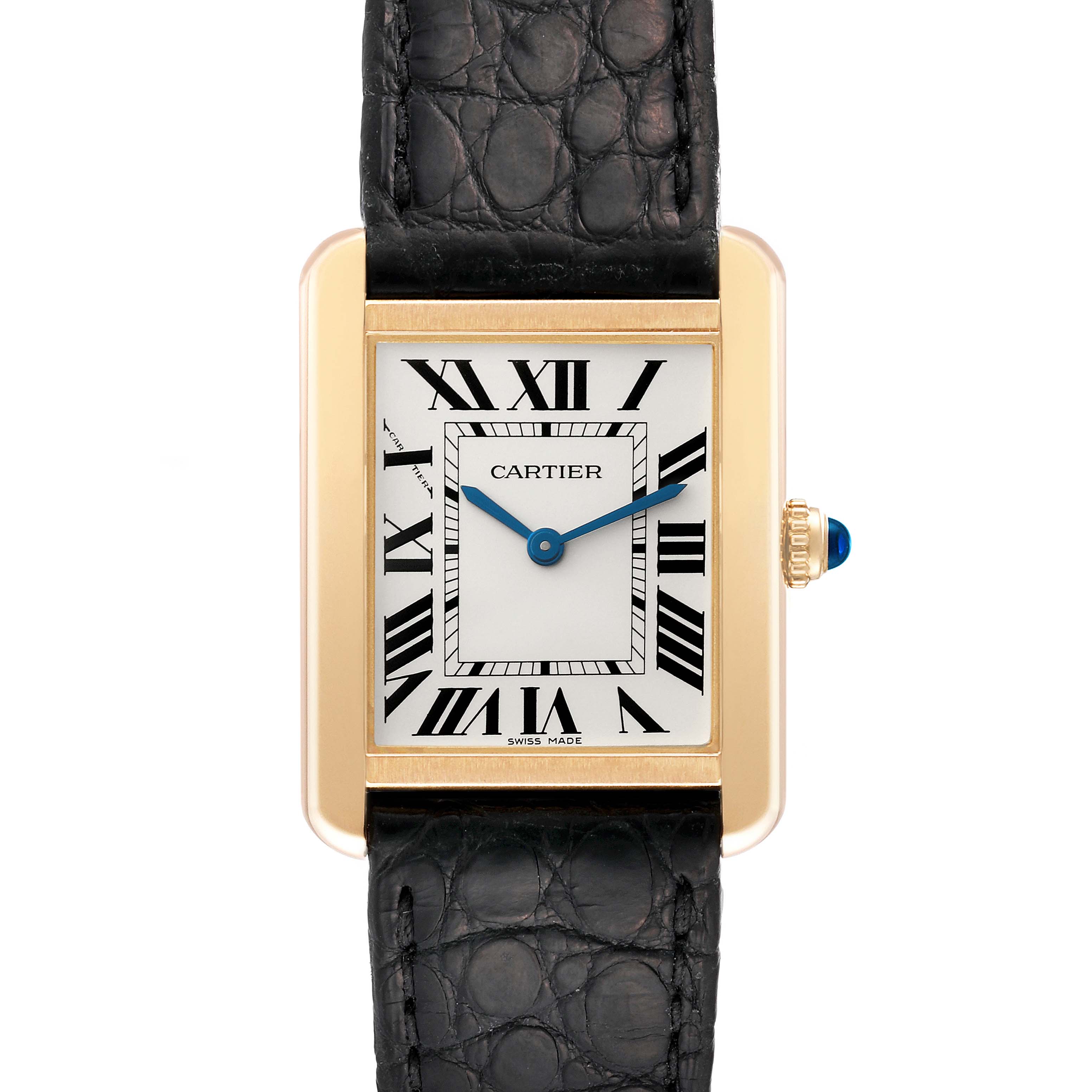 The image shows the front view of a Cartier Tank Solo W5200002 Women
s Stainless Steel Silver Dial W5200002 Women
s Stainless Steel Silver Dial watch with a gold case and a black leather strap.