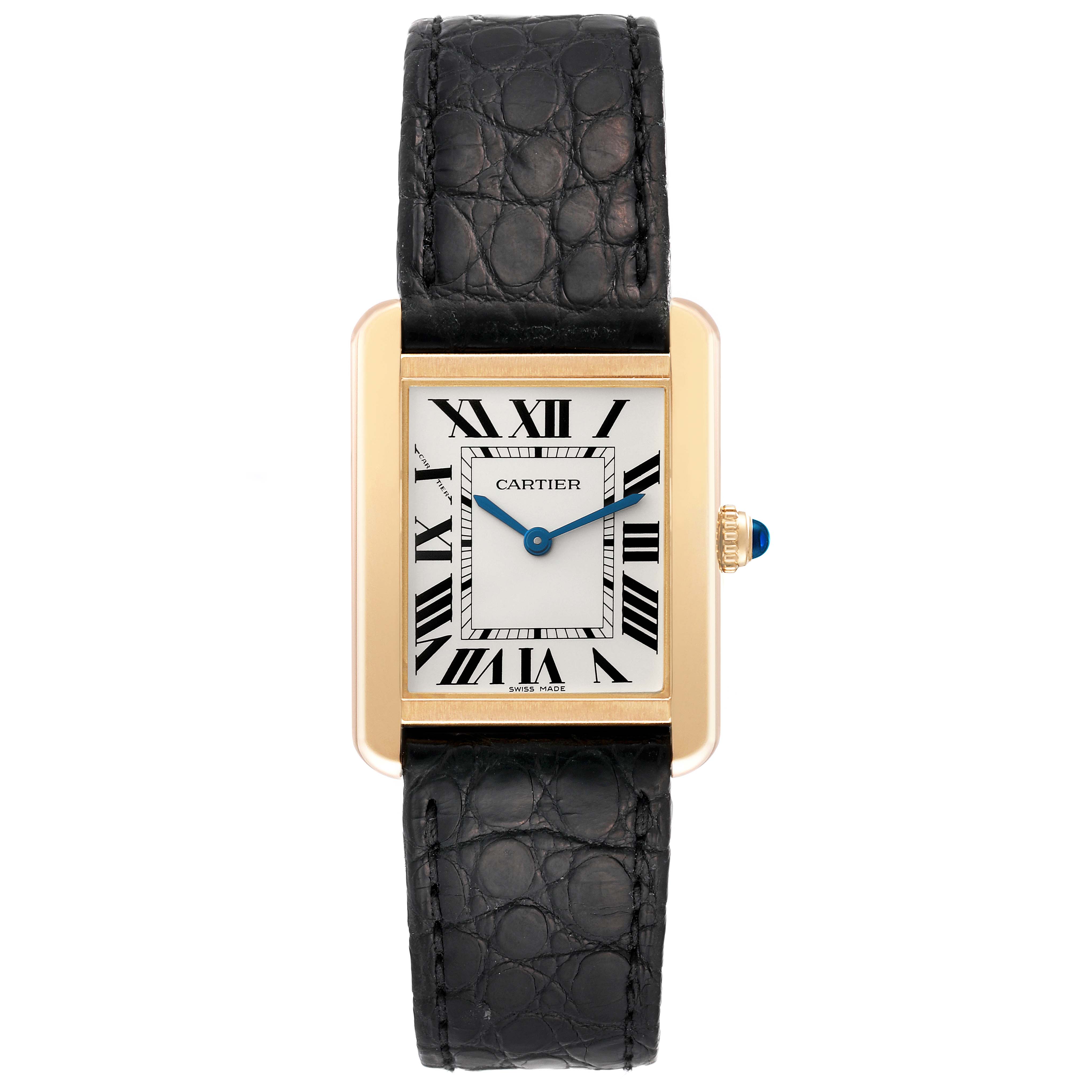 This image shows the front view of a Cartier Tank Solo W5200002 Women
s Stainless Steel Silver Dial W5200002 Women
s Stainless Steel Silver Dial watch, showcasing the face, strap, and crown.